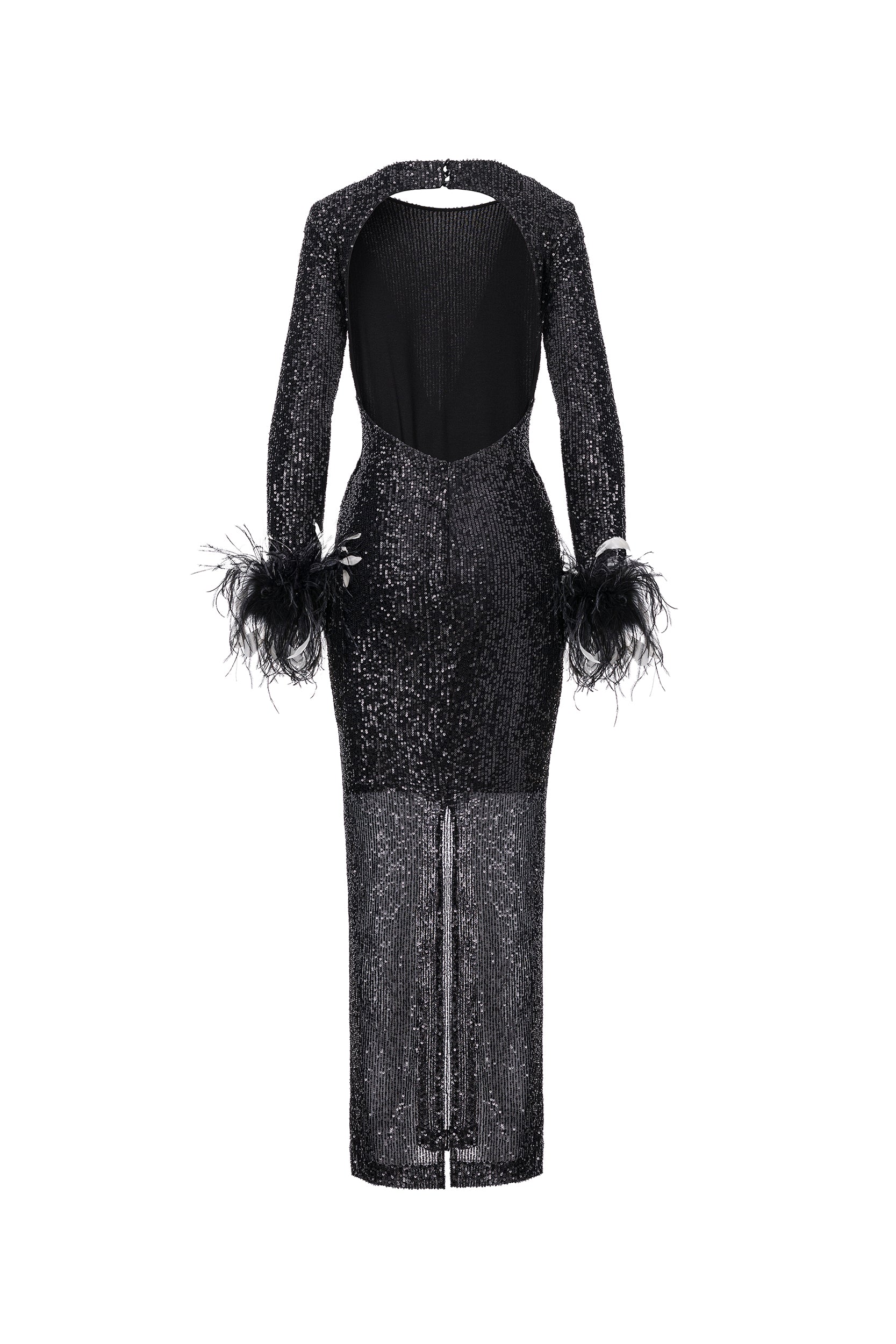 Open-back sequins dress with feathers