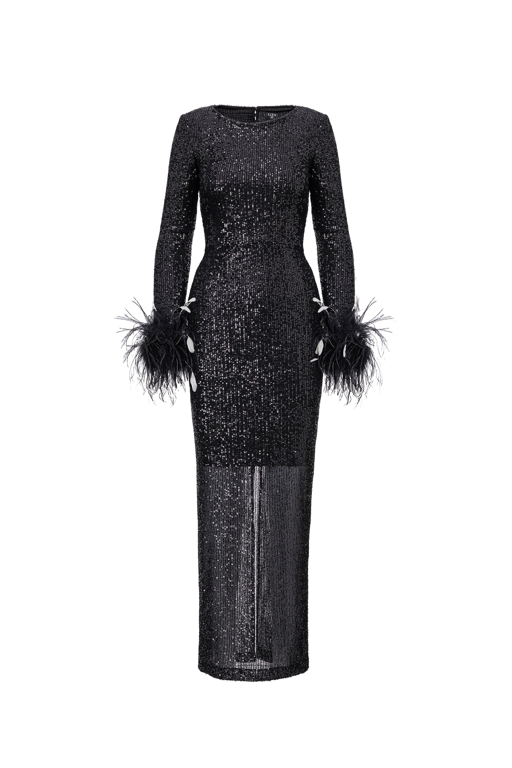 Open-back sequins dress with feathers