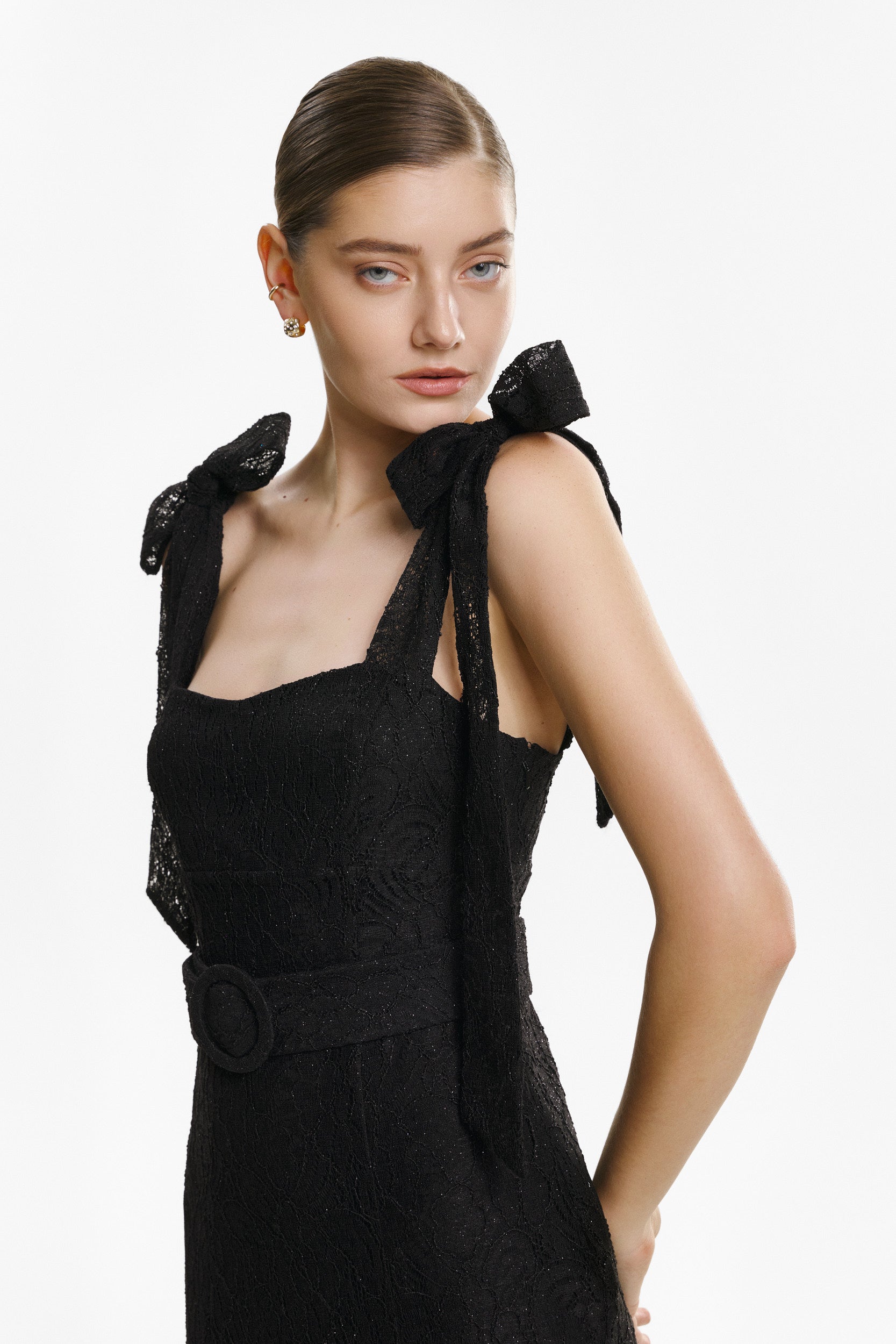 Ribbon-strap flared maxi dress in black lace