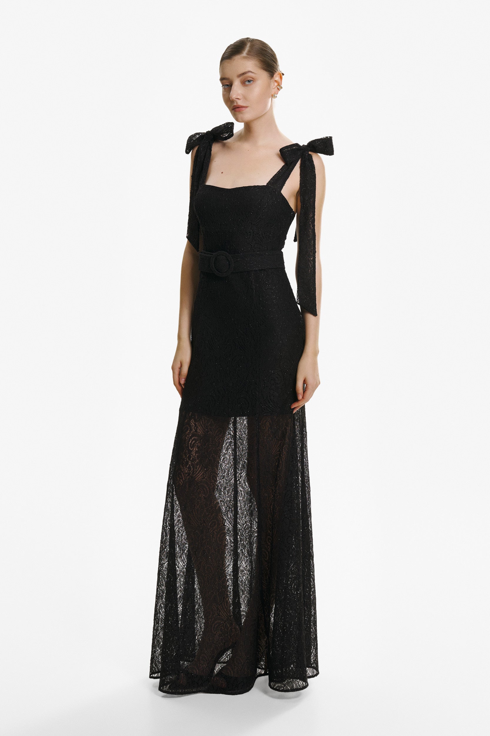 Ribbon-strap flared maxi dress in black lace