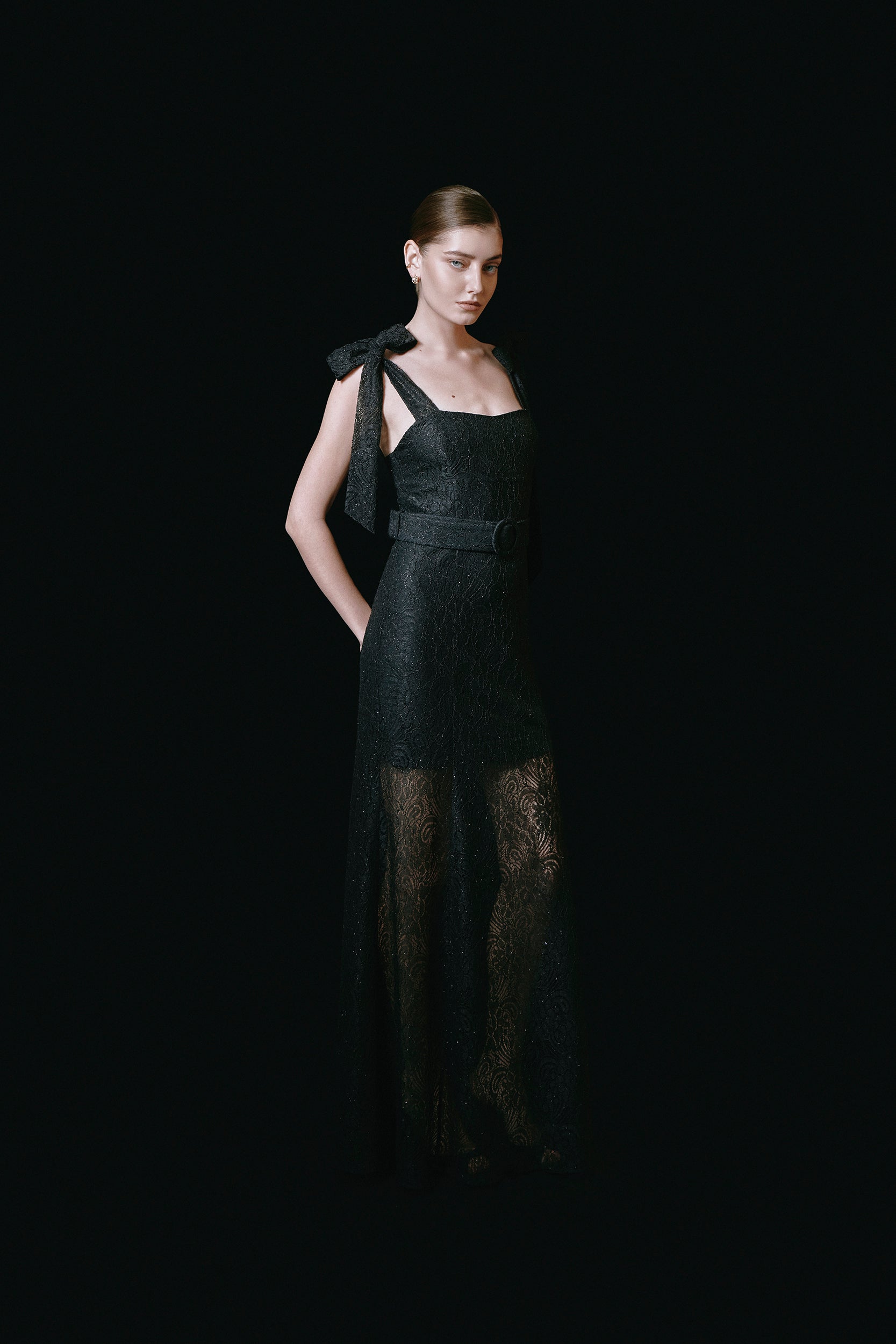 Ribbon-strap flared maxi dress in black lace