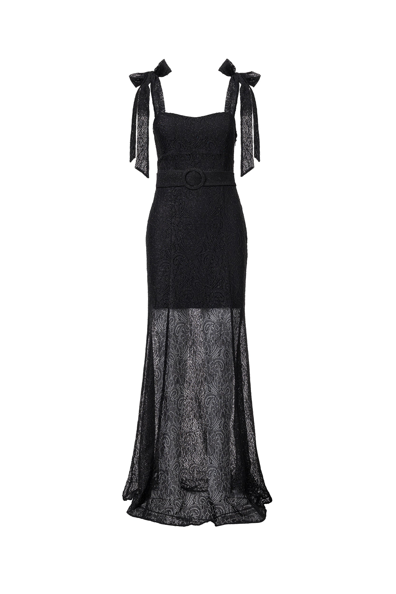 Ribbon-strap flared maxi dress in black lace
