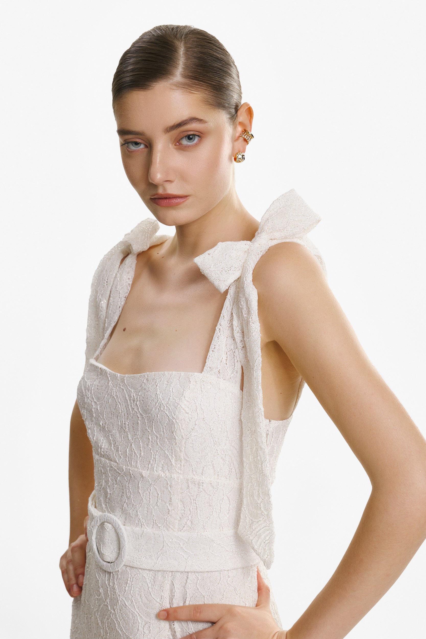 Ribbon-strap flared maxi dress in white lace