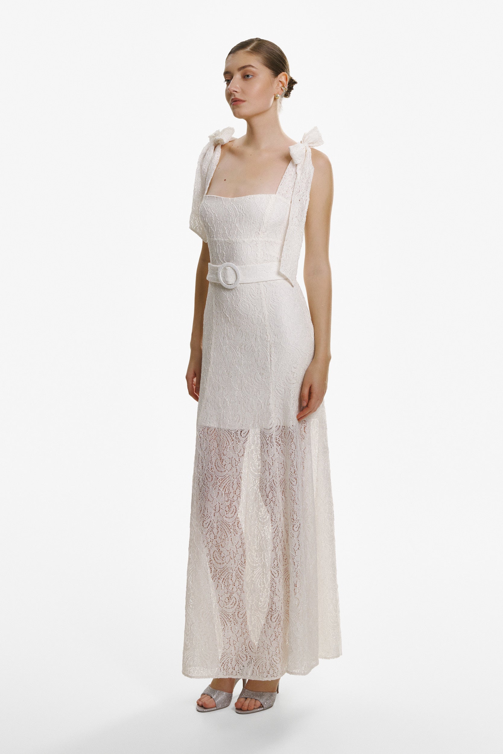 Ribbon-strap flared maxi dress in white lace