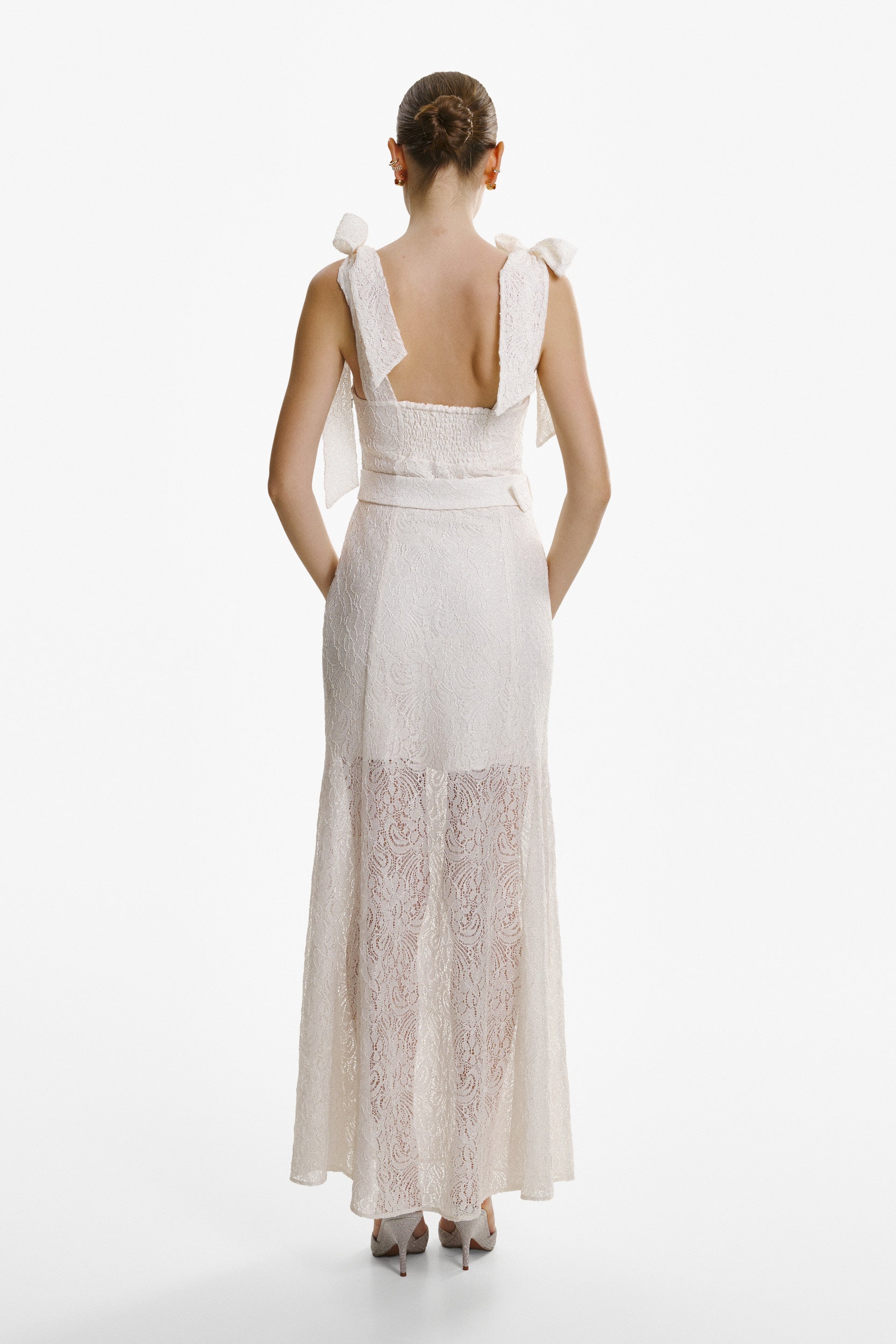 Ribbon-strap flared maxi dress in white lace