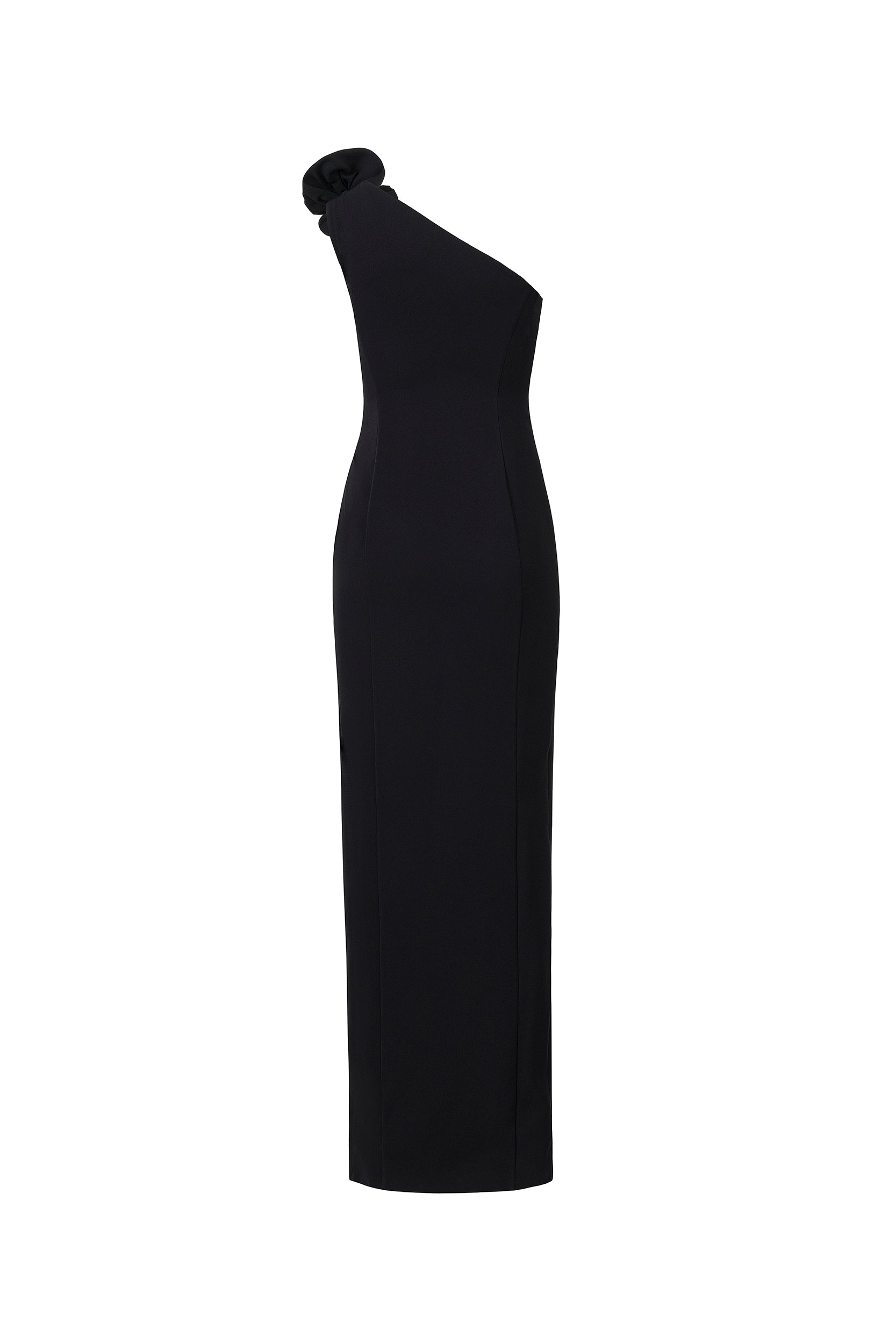 Rosette-appliqué asymmetric crepe dress in black