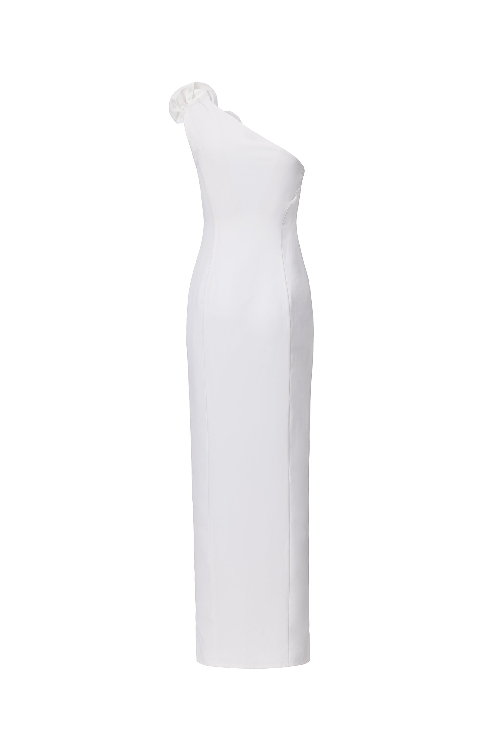 Rosette-appliqué asymmetric crepe dress in white