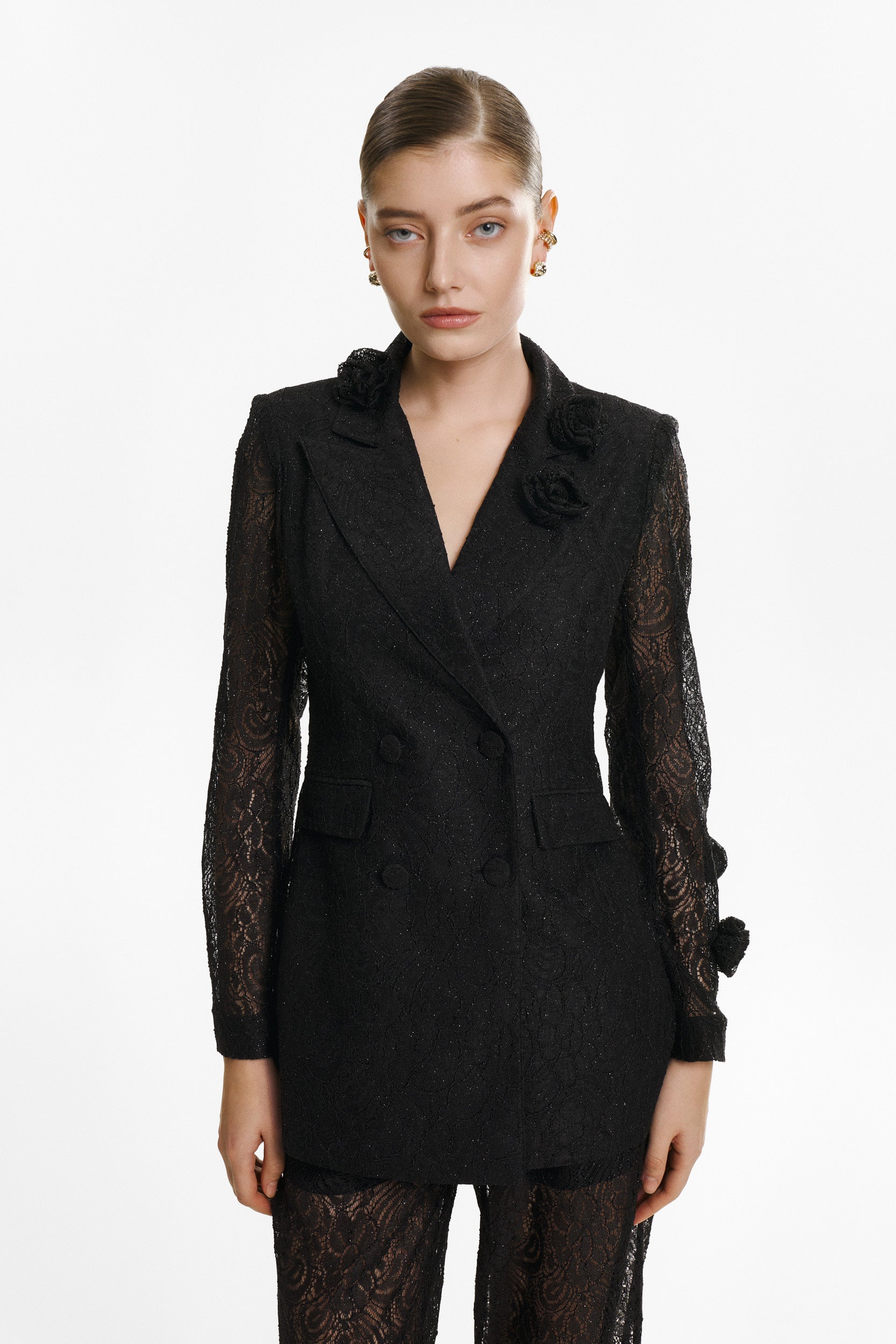 Rosette appliqué double-breasted blazer in black lace