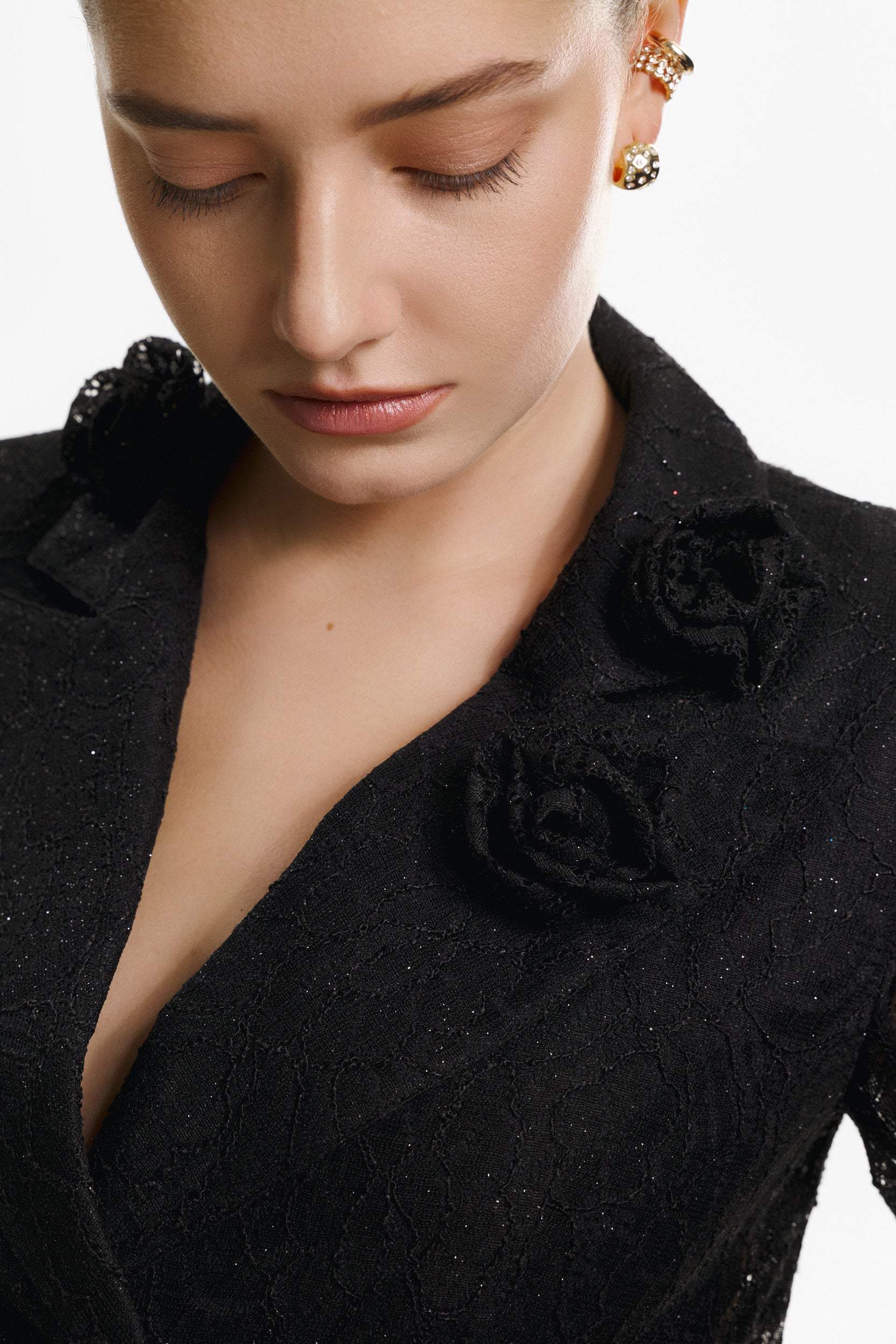 Rosette appliqué double-breasted blazer in black lace