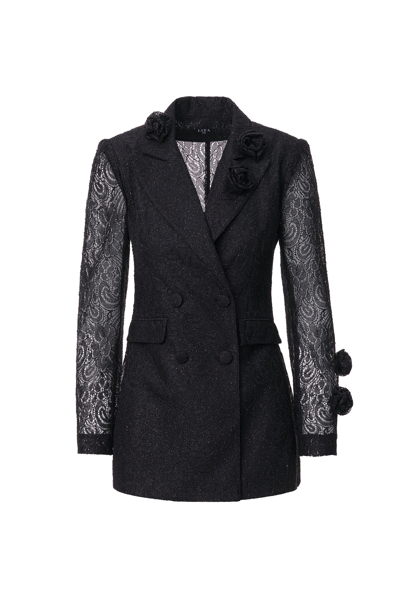 Rosette appliqué double-breasted blazer in black lace