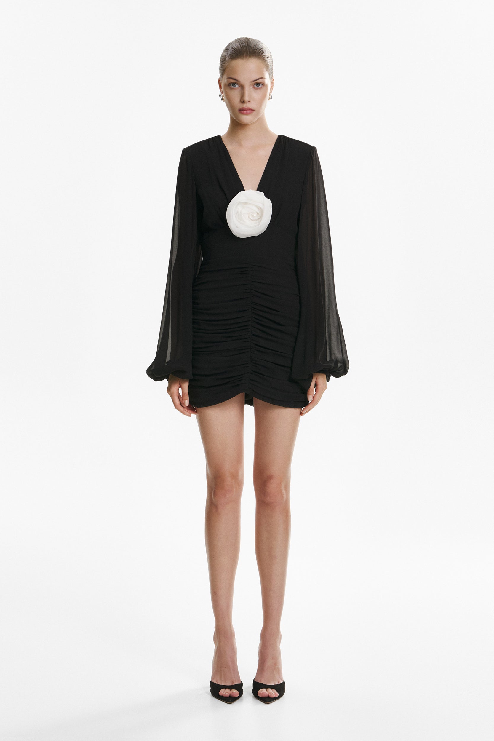 Ruched floral-appliqué black dress