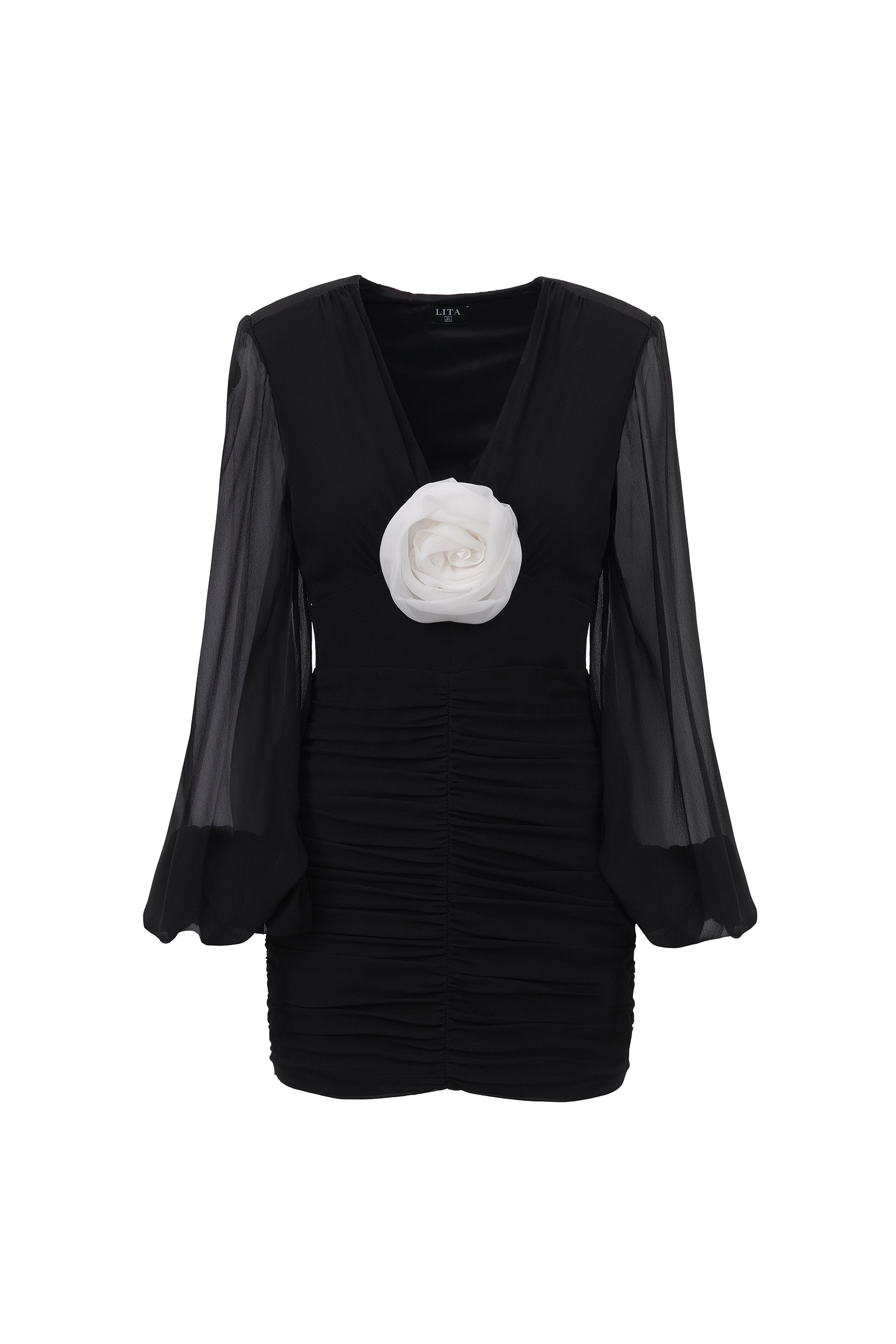 Ruched floral-appliqué black dress