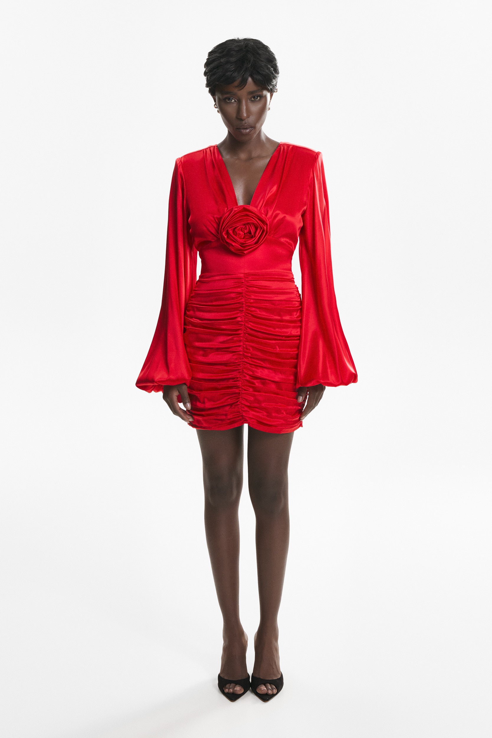 Ruched floral-appliqué red dress