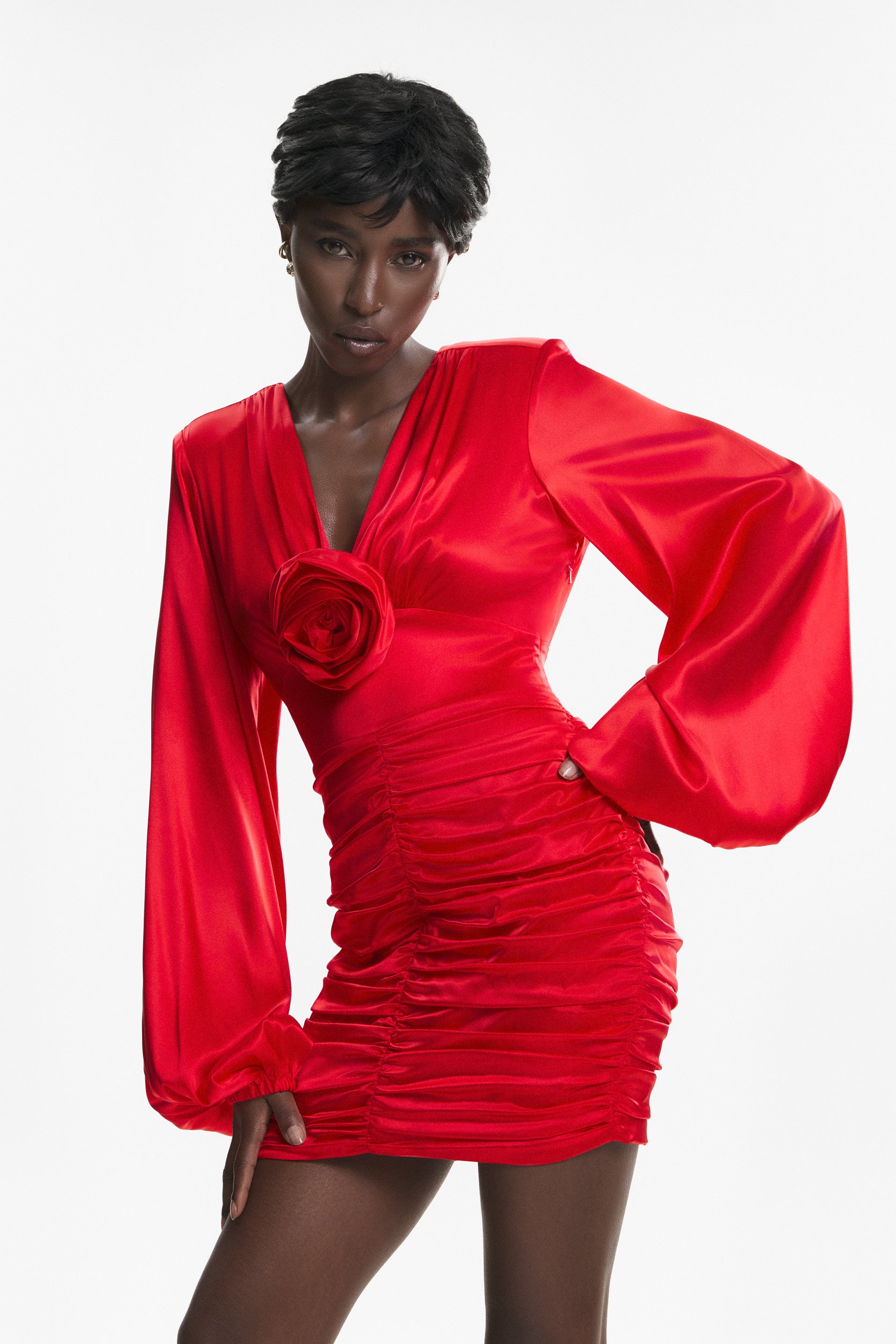 Ruched floral-appliqué red dress