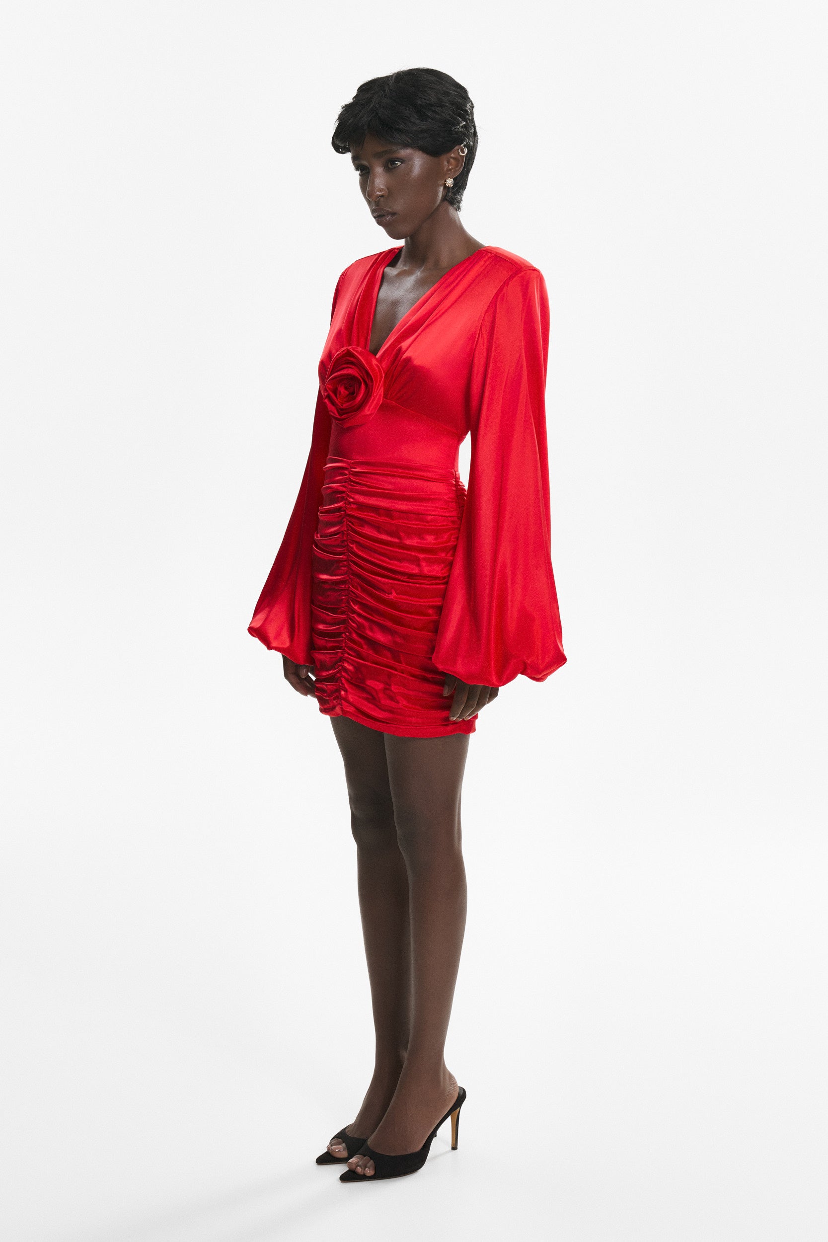 Ruched floral-appliqué red dress