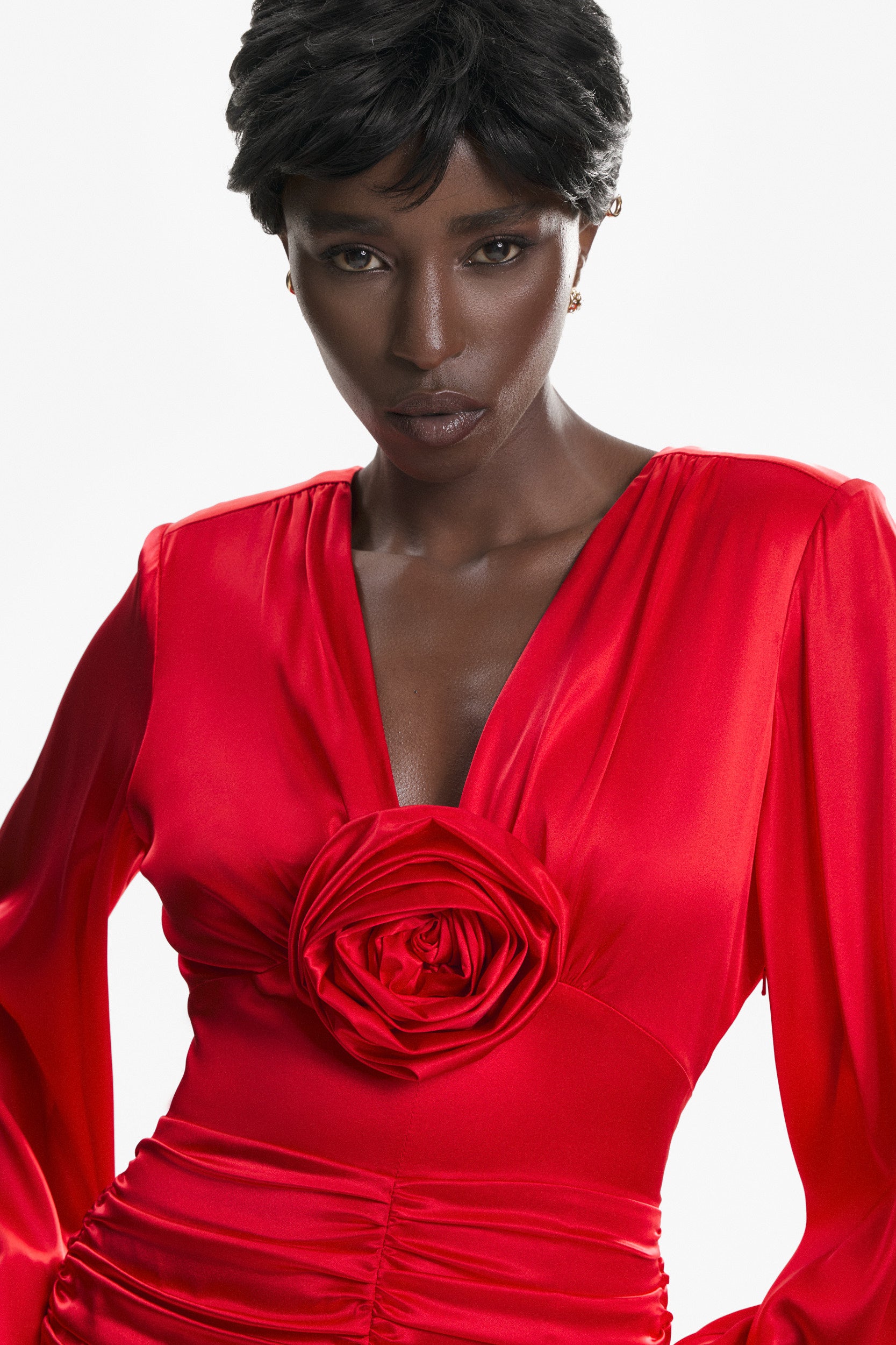 Ruched floral-appliqué red dress