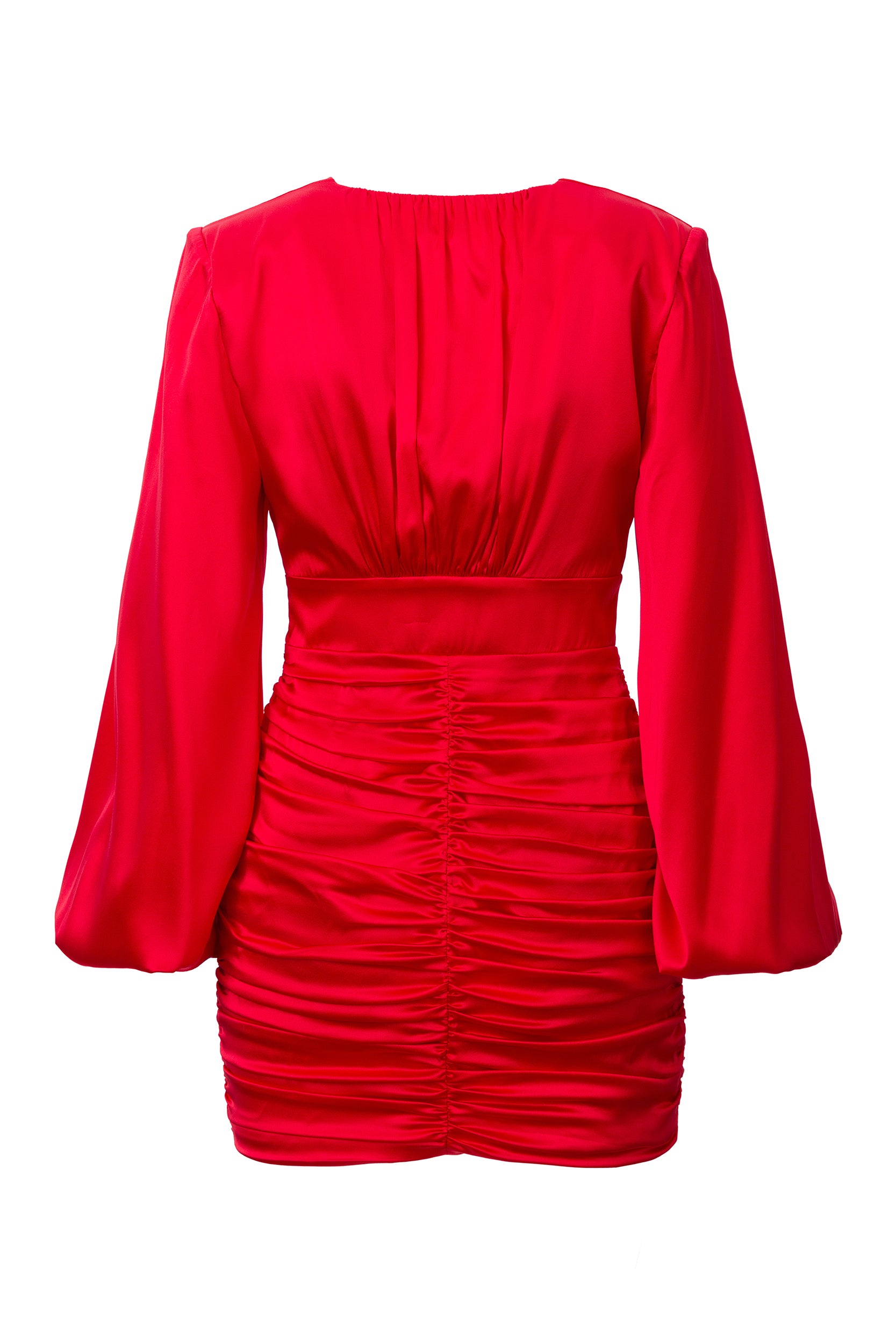 Ruched floral-appliqué red dress