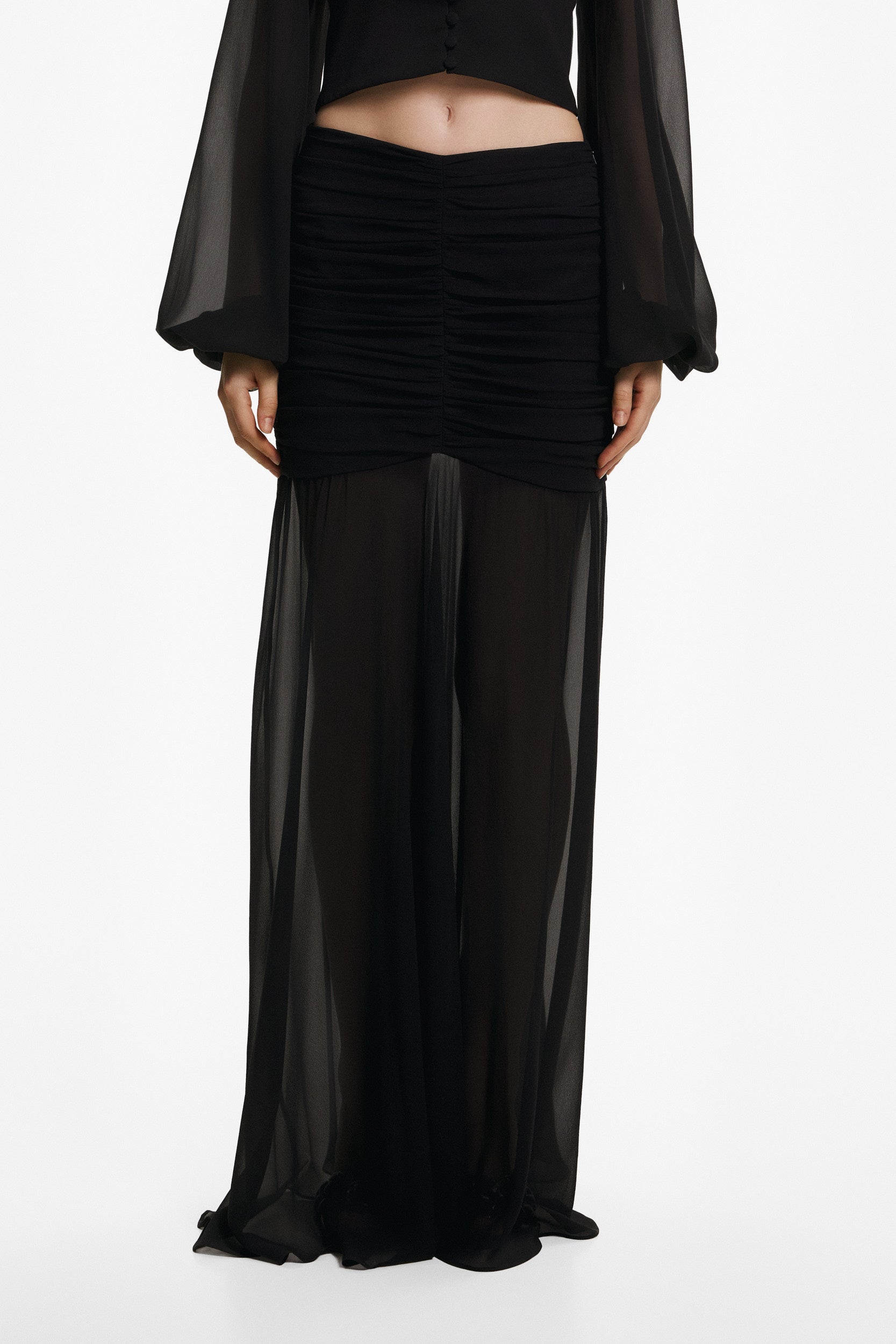 Ruched maxi skirt in black georgette silk