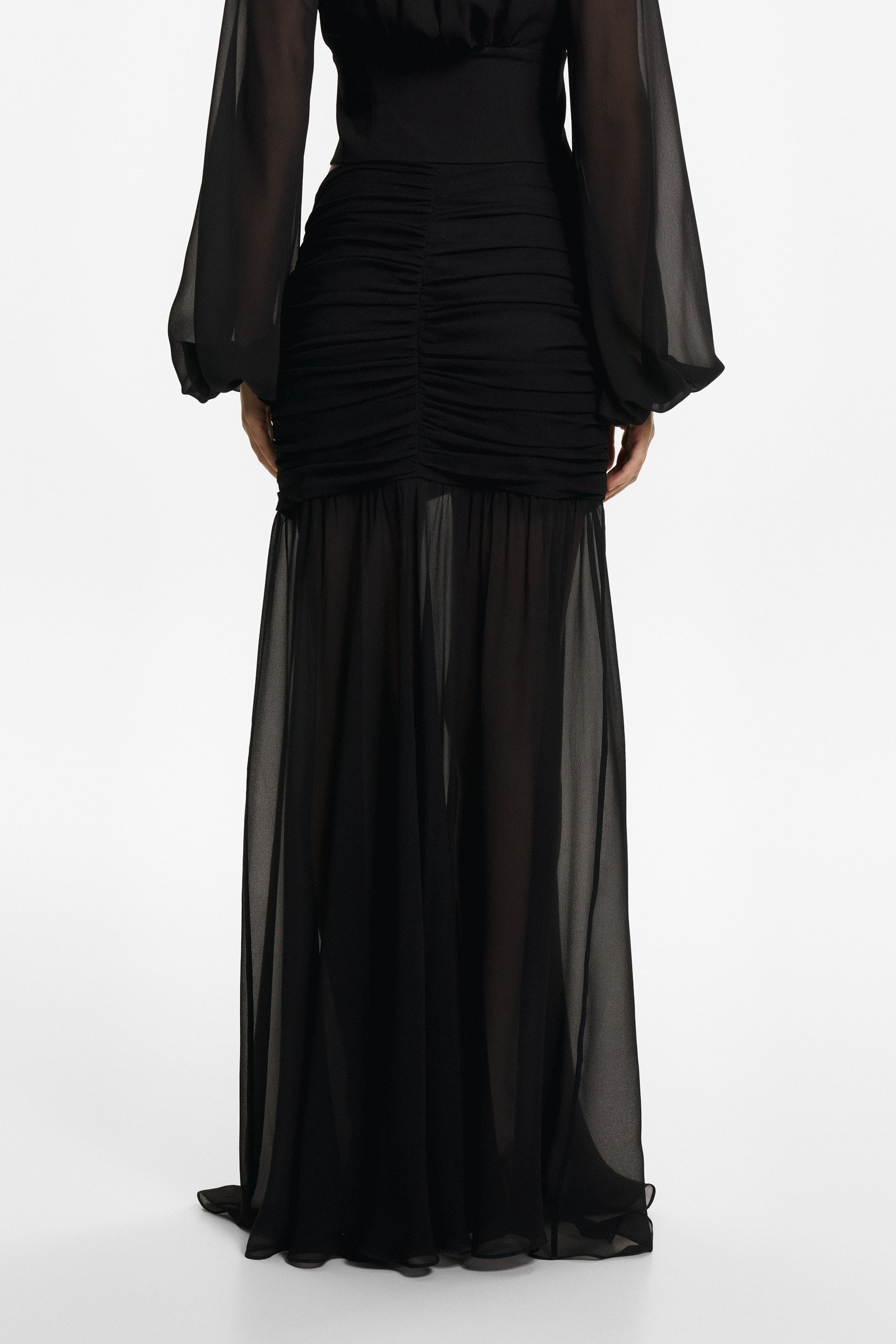 Ruched maxi skirt in black georgette silk
