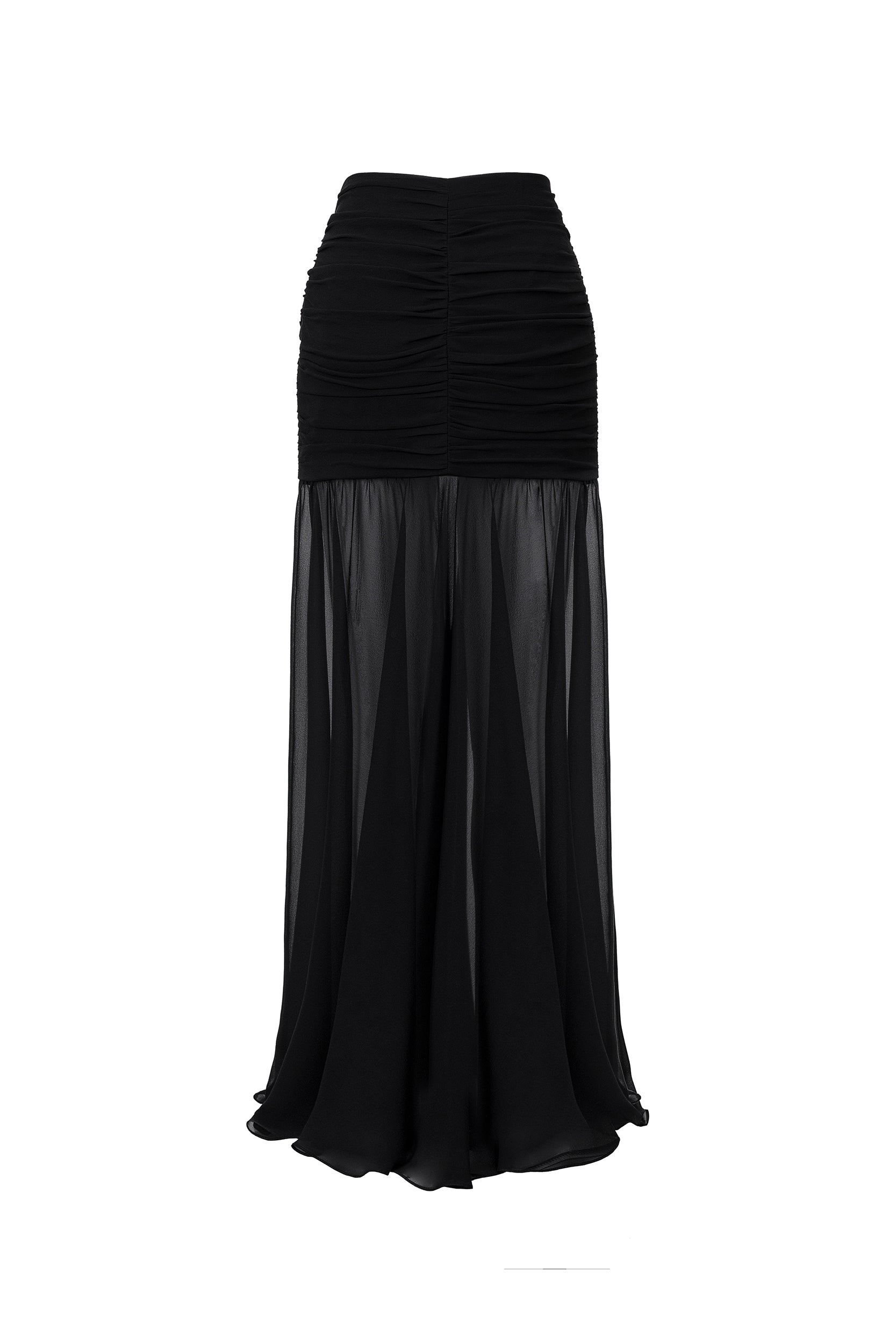 Ruched maxi skirt in black georgette silk