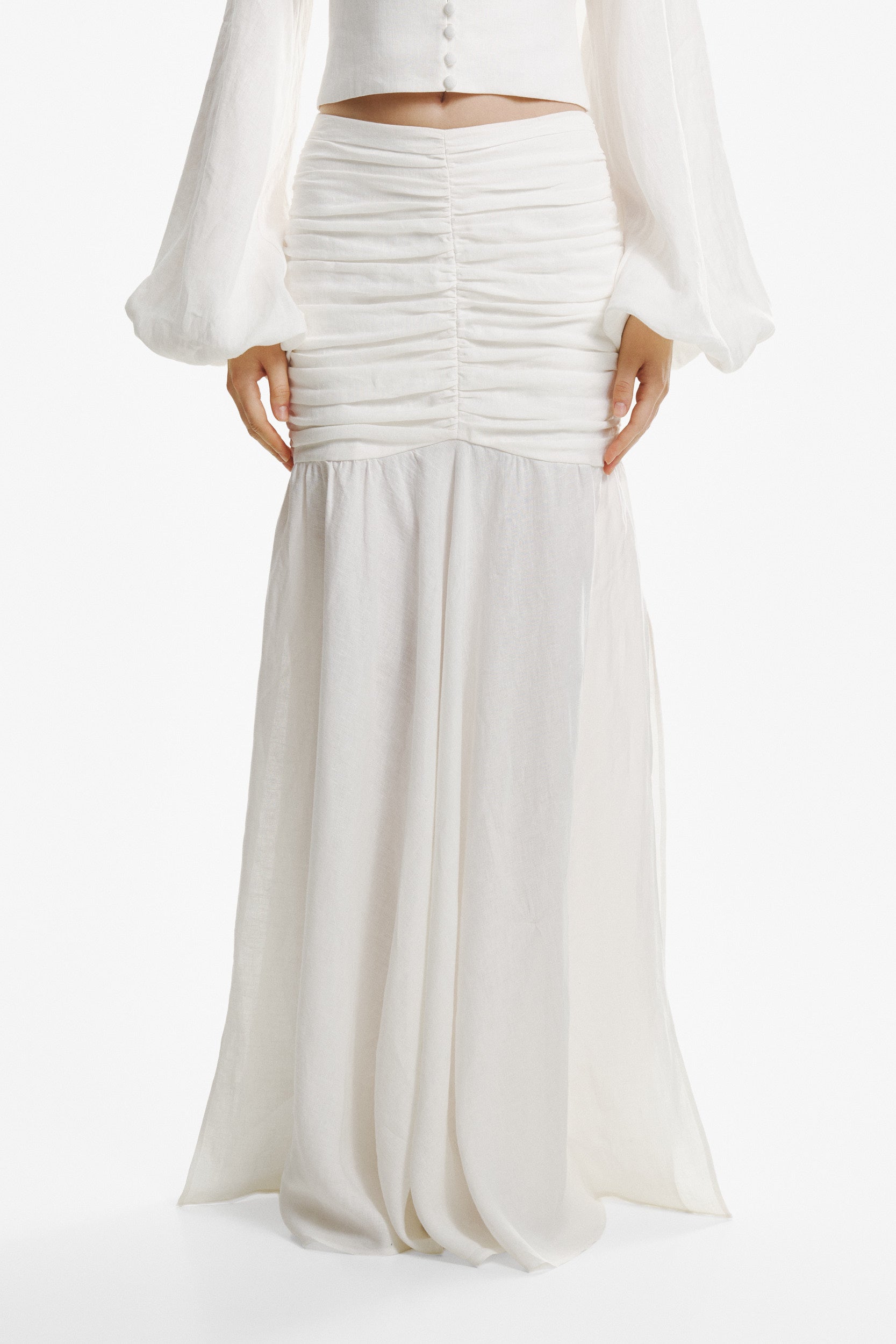 Ruched maxi skirt in white linen