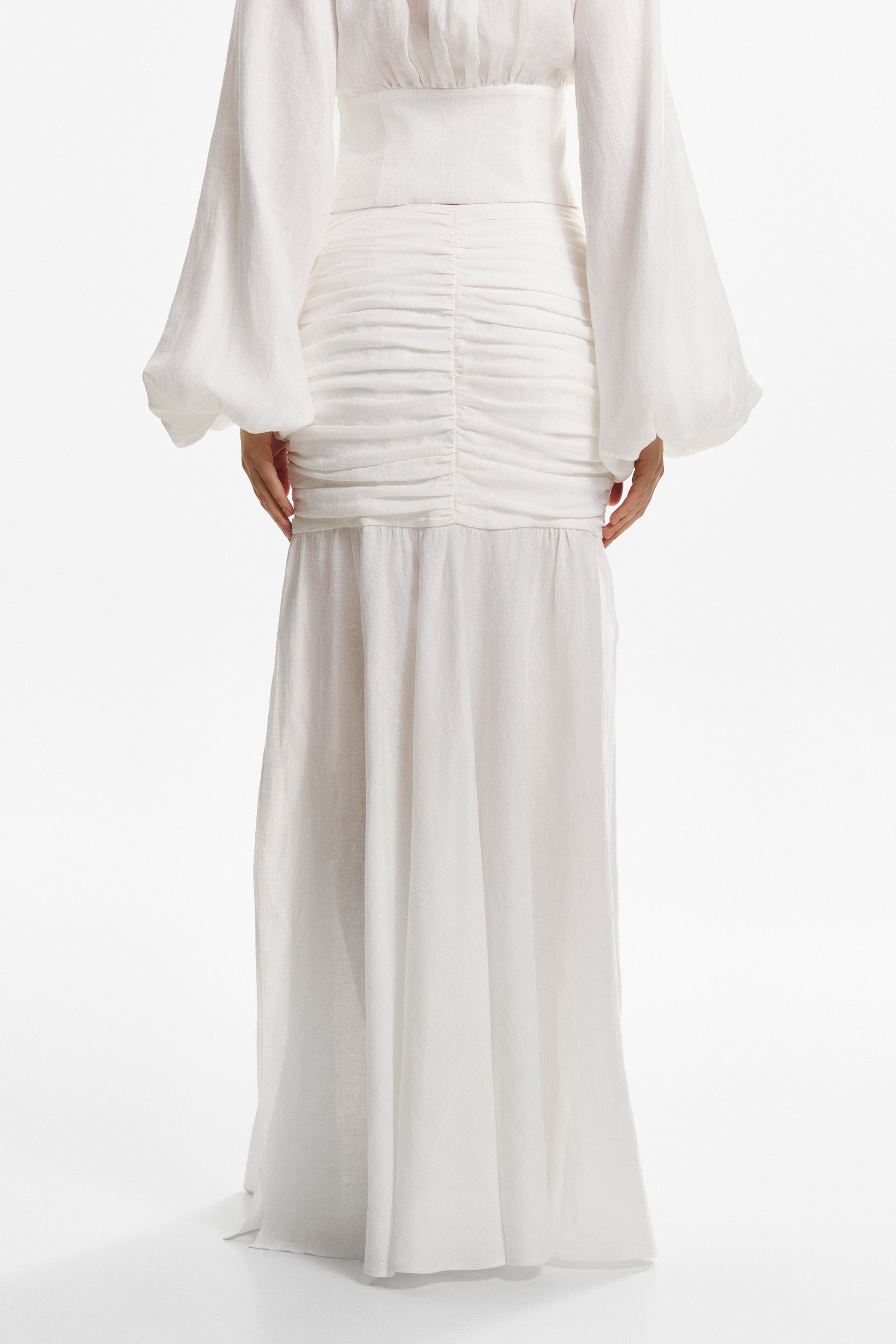 Ruched maxi skirt in white linen