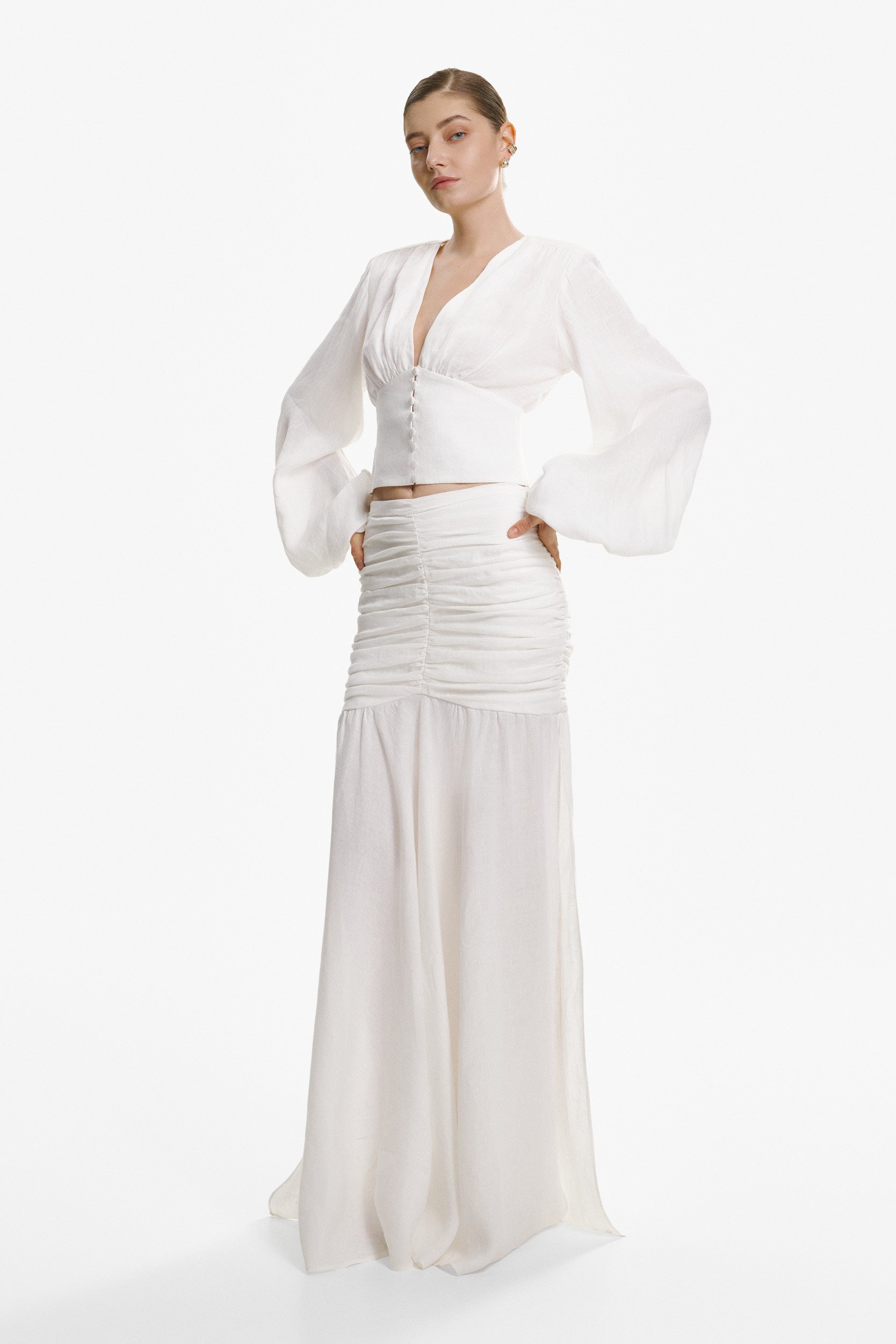 Ruched maxi skirt in white linen