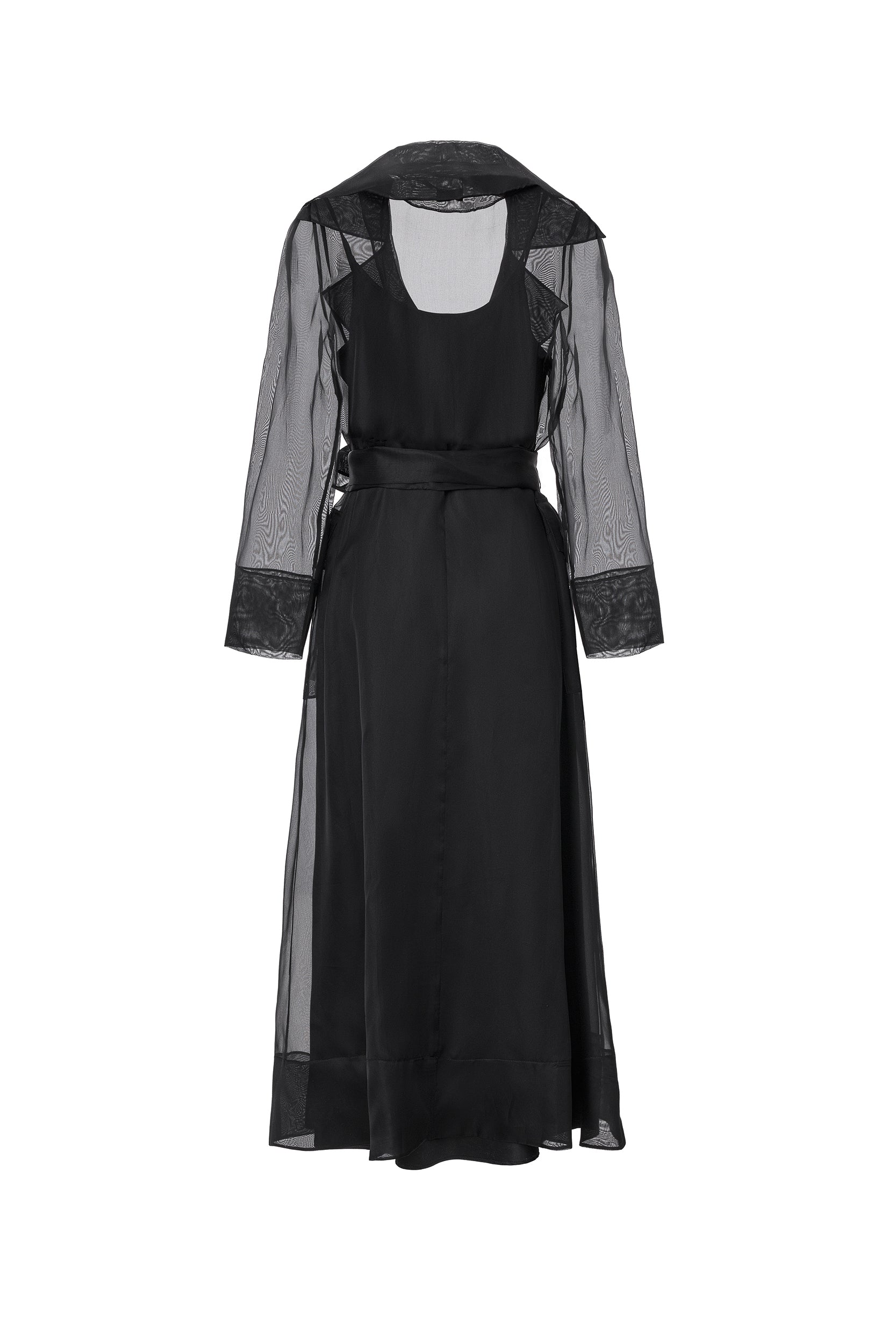 See through black organza trench dress