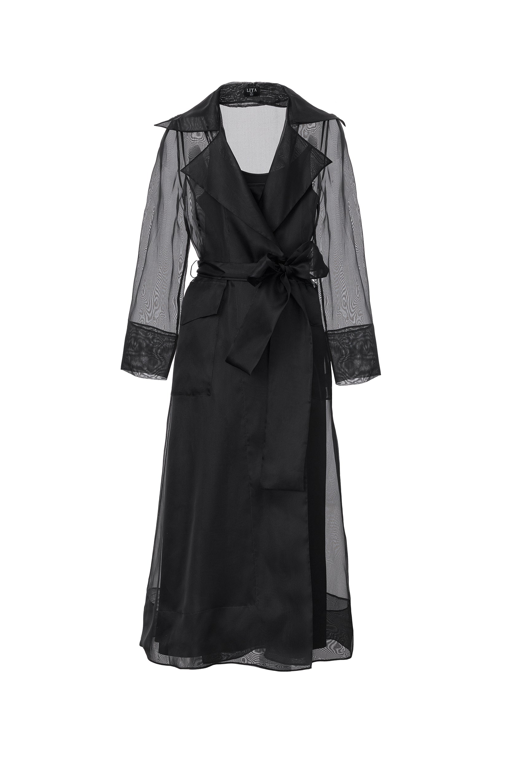 See through black organza trench dress