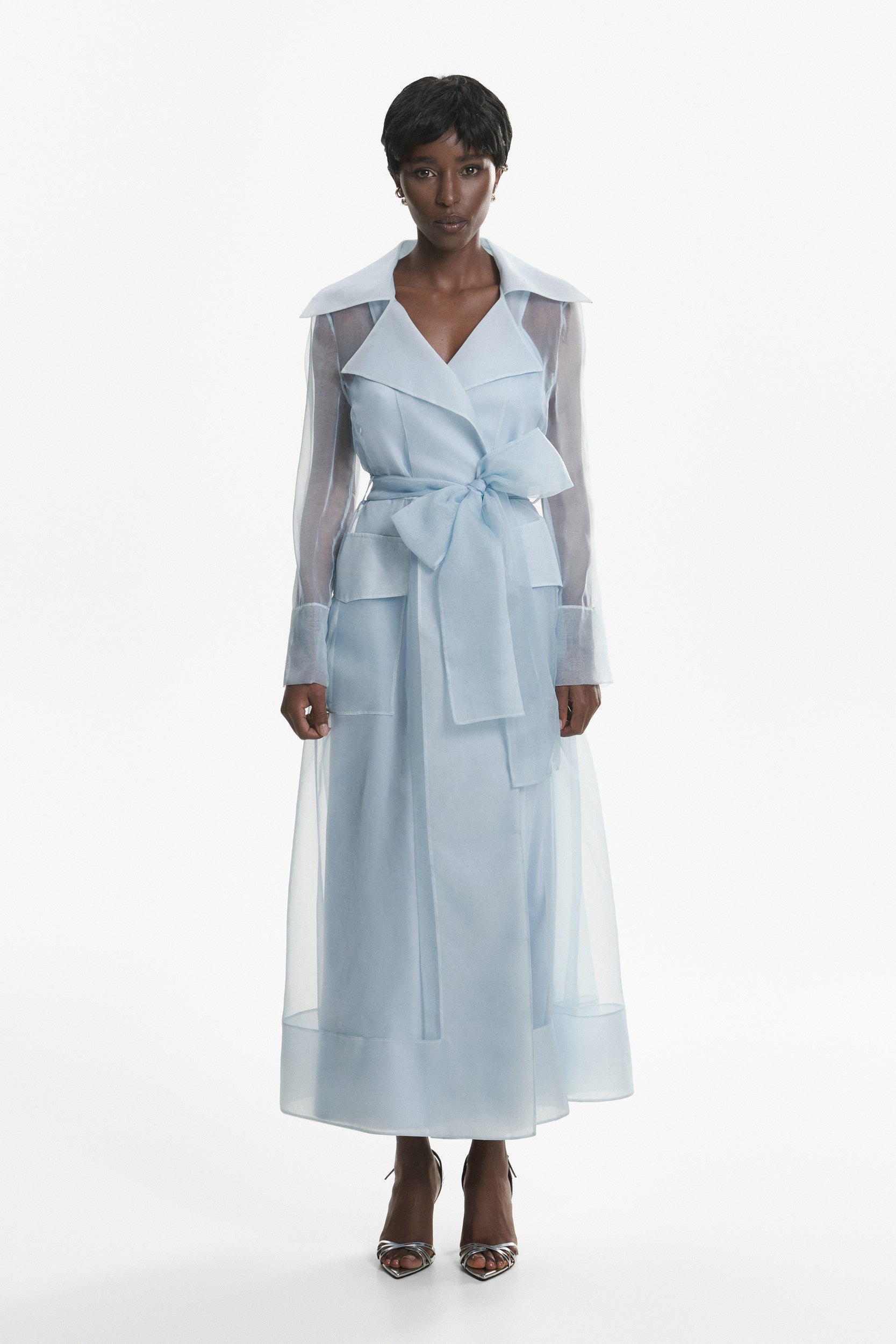 See through blue organza trench dress 32