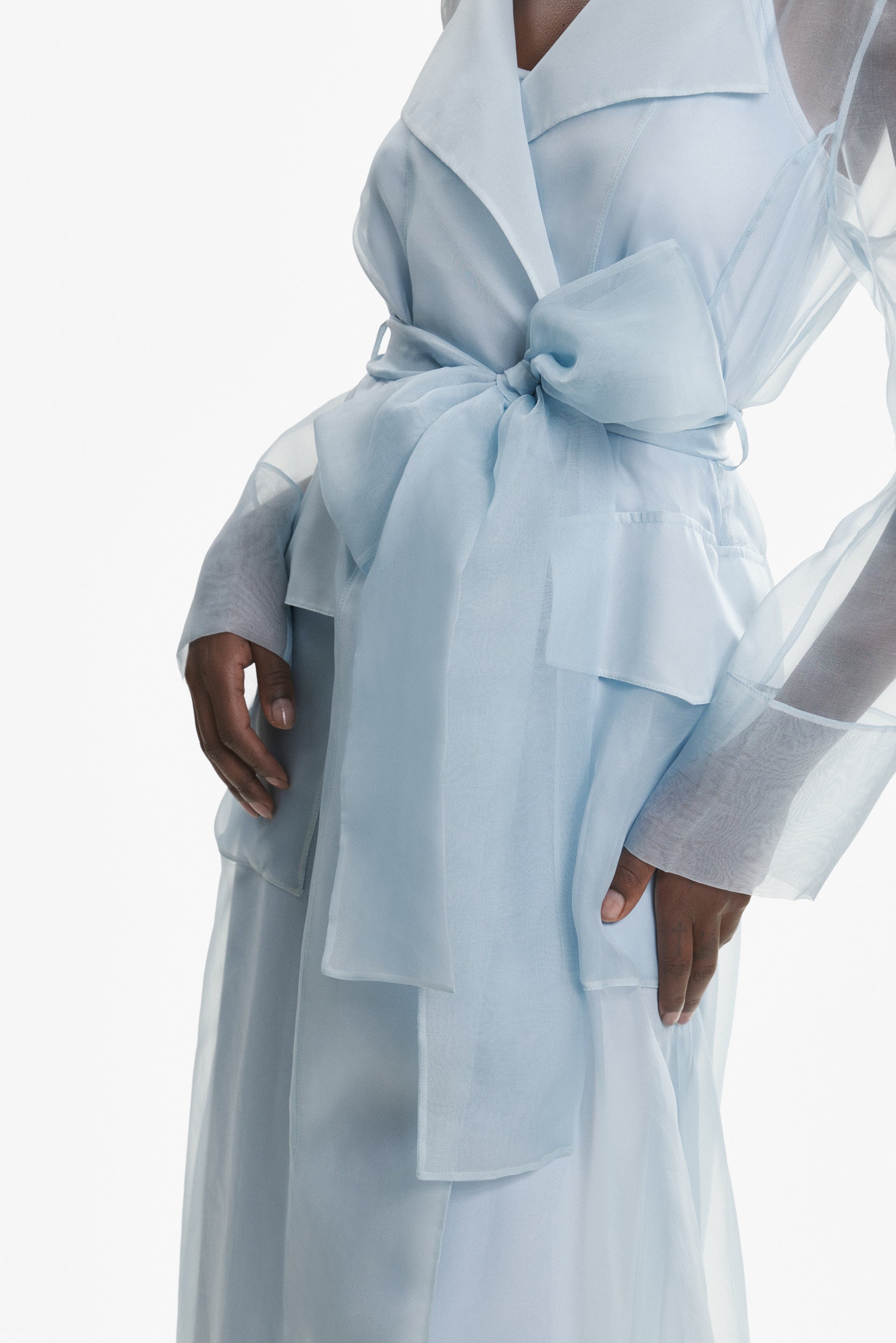 See through blue organza trench dress