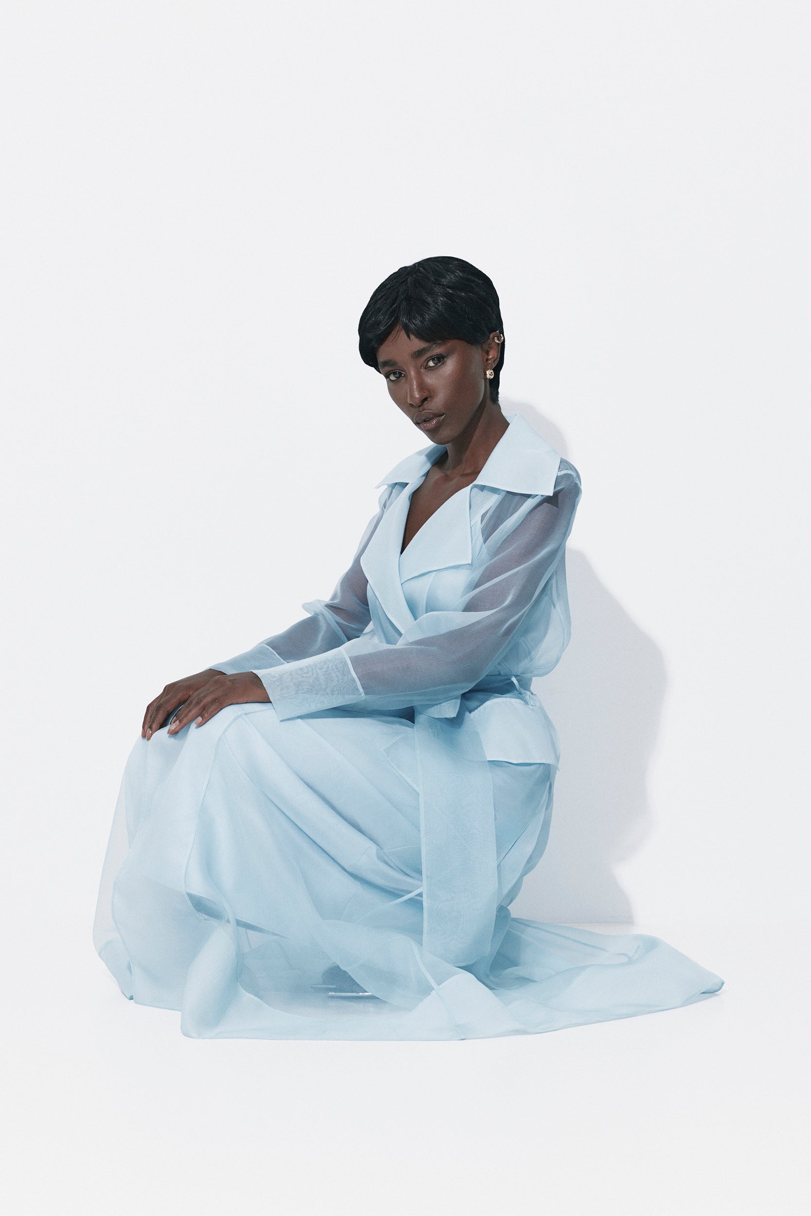See through blue organza trench dress 32