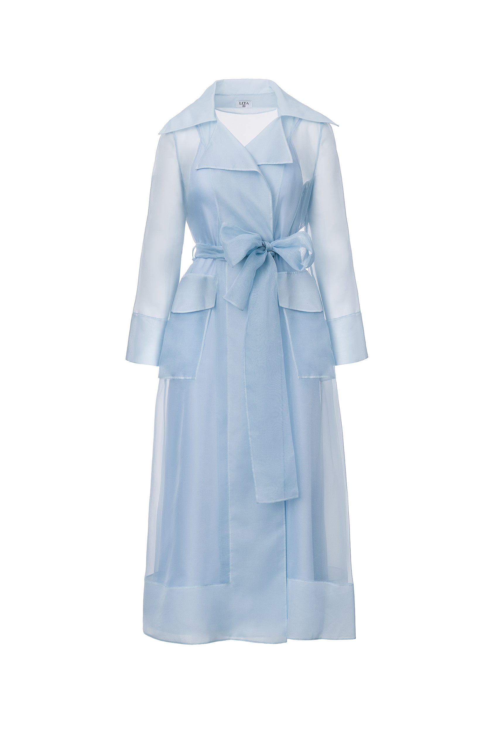 See through blue organza trench dress