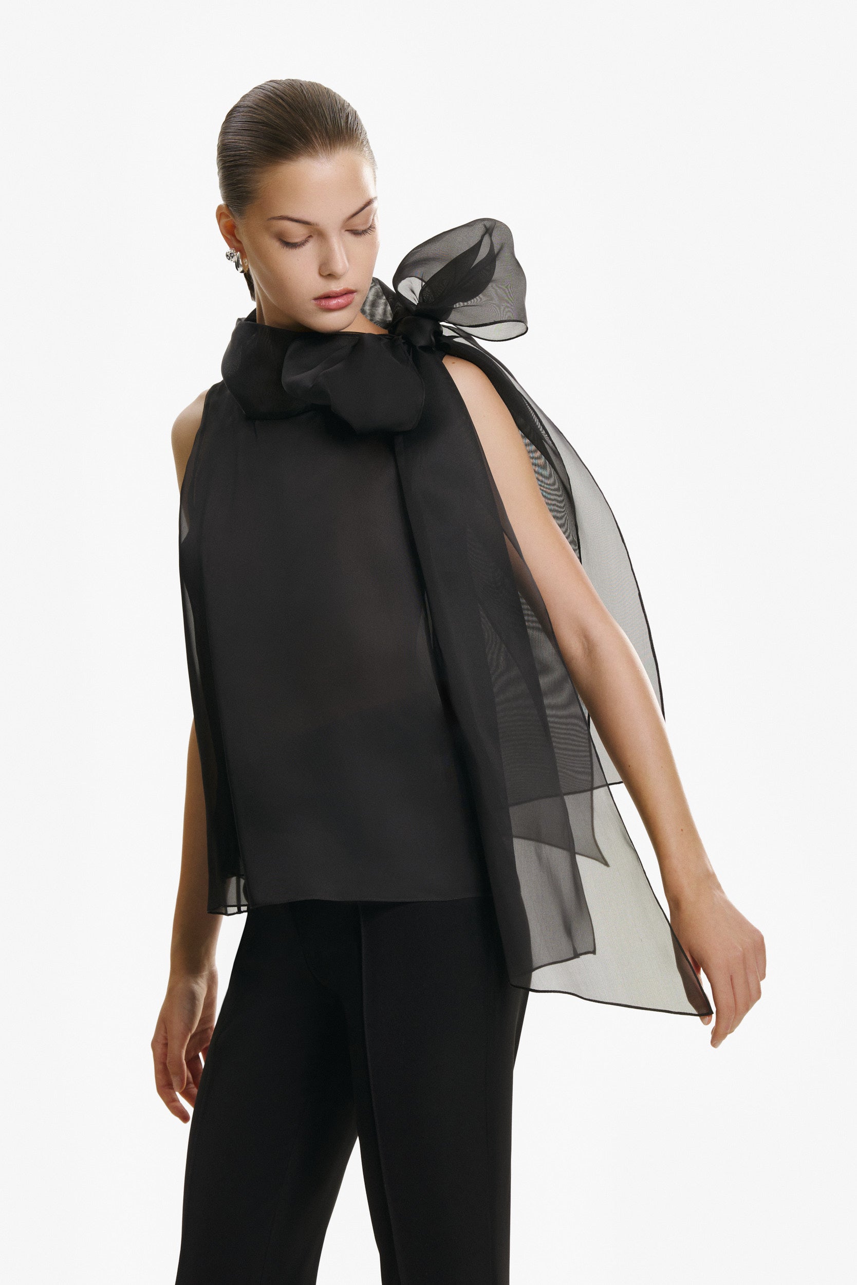 Short-Sleeve Sheer Black Bow Blouse