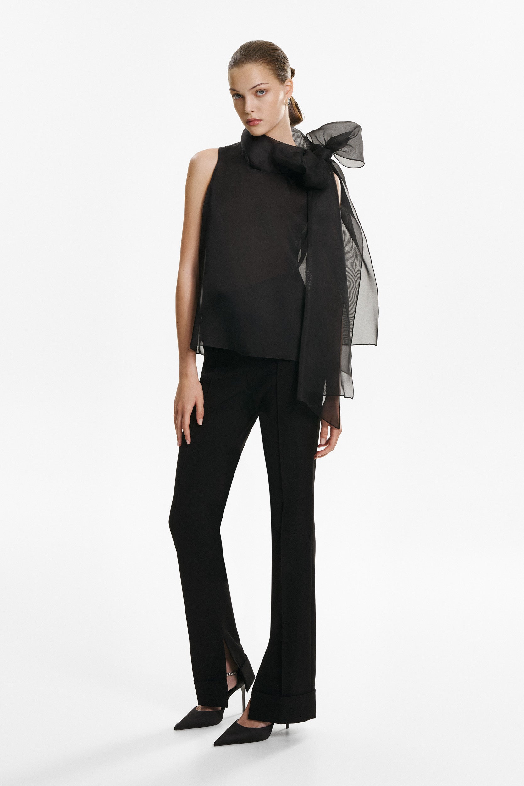 Short-Sleeve Sheer Black Bow Blouse