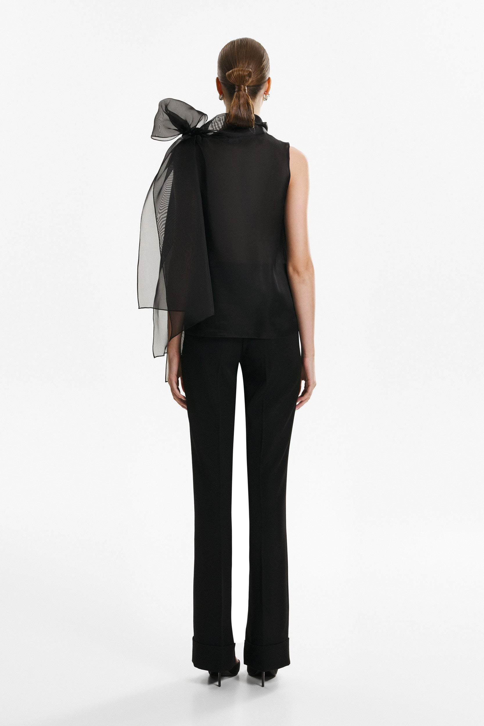 Short-Sleeve Sheer Black Bow Blouse