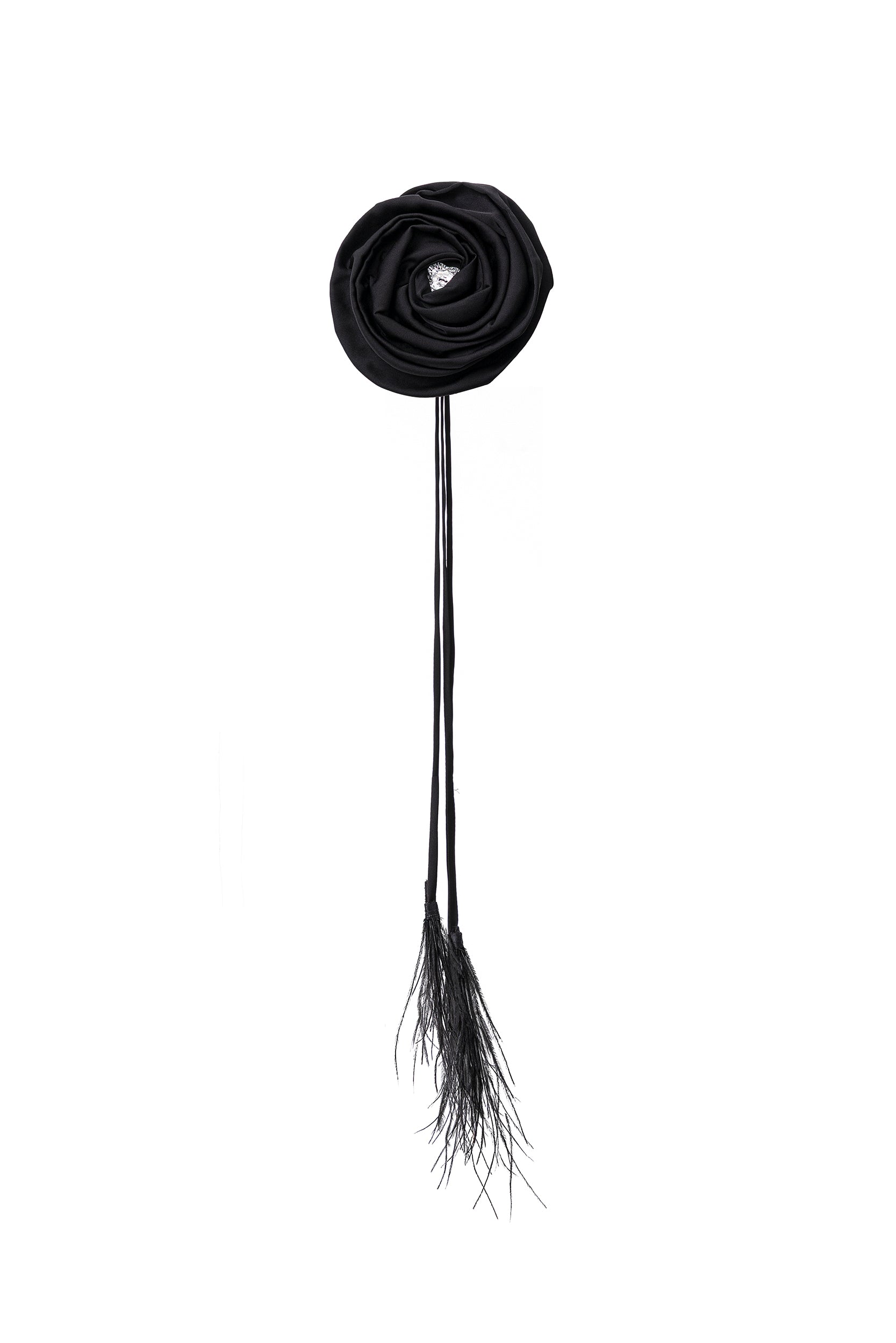 Signature rosette black satin tie with feathers