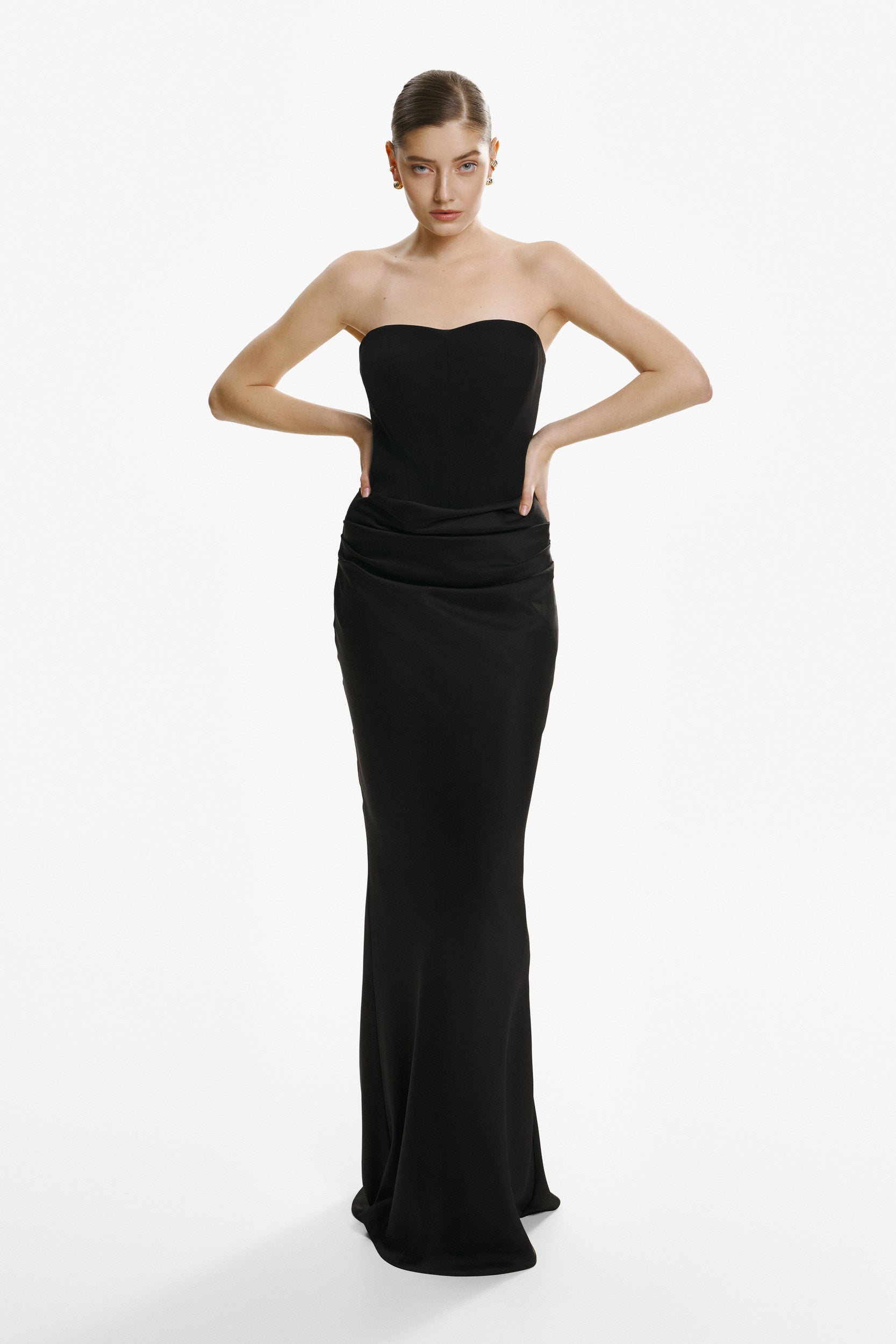 Strapless draped black gown
