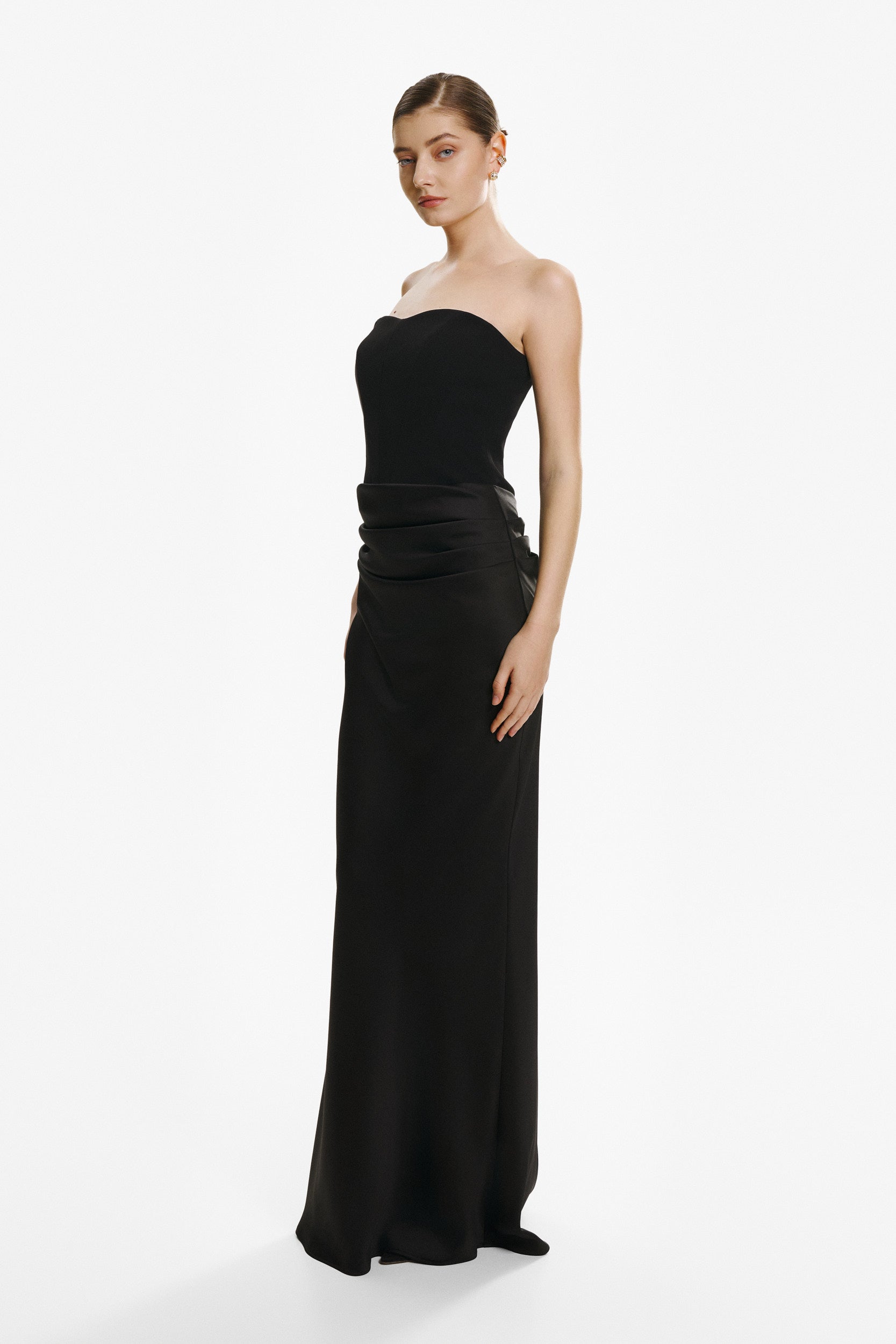 Strapless draped black gown
