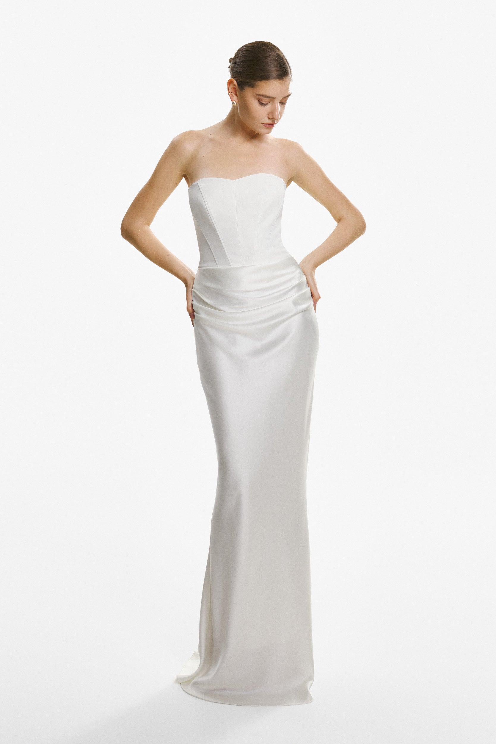 Strapless draped white gown
