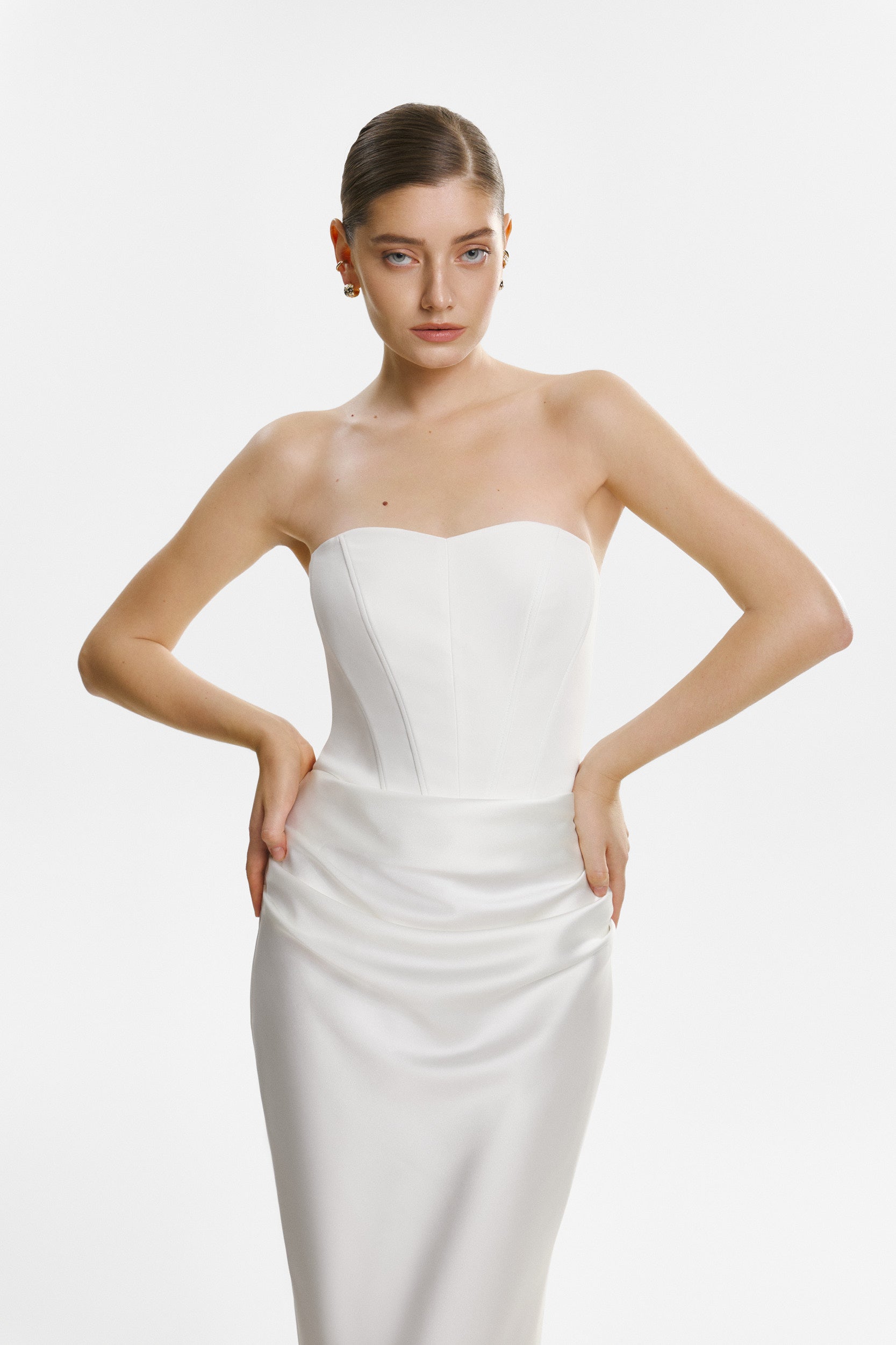 Strapless draped white gown