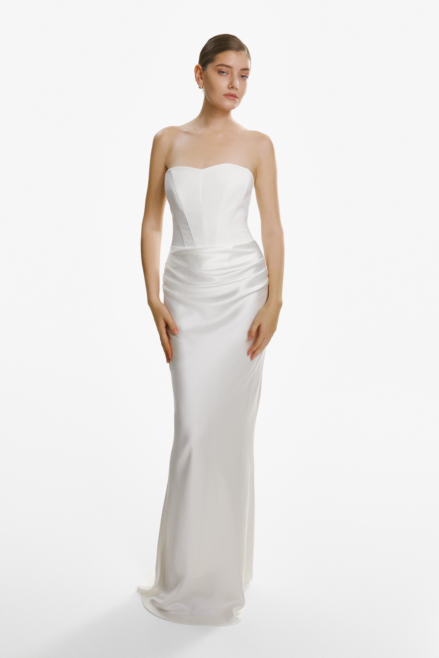 Strapless draped white gown
