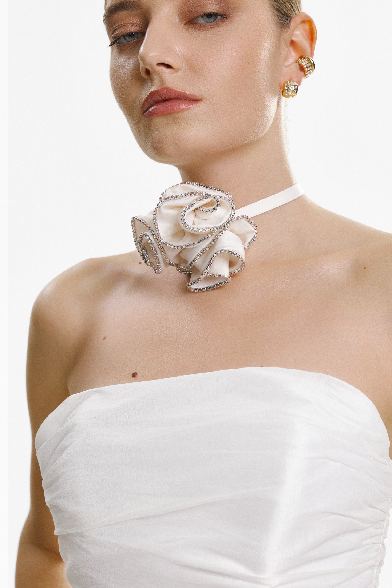 White trio rosette satin tie