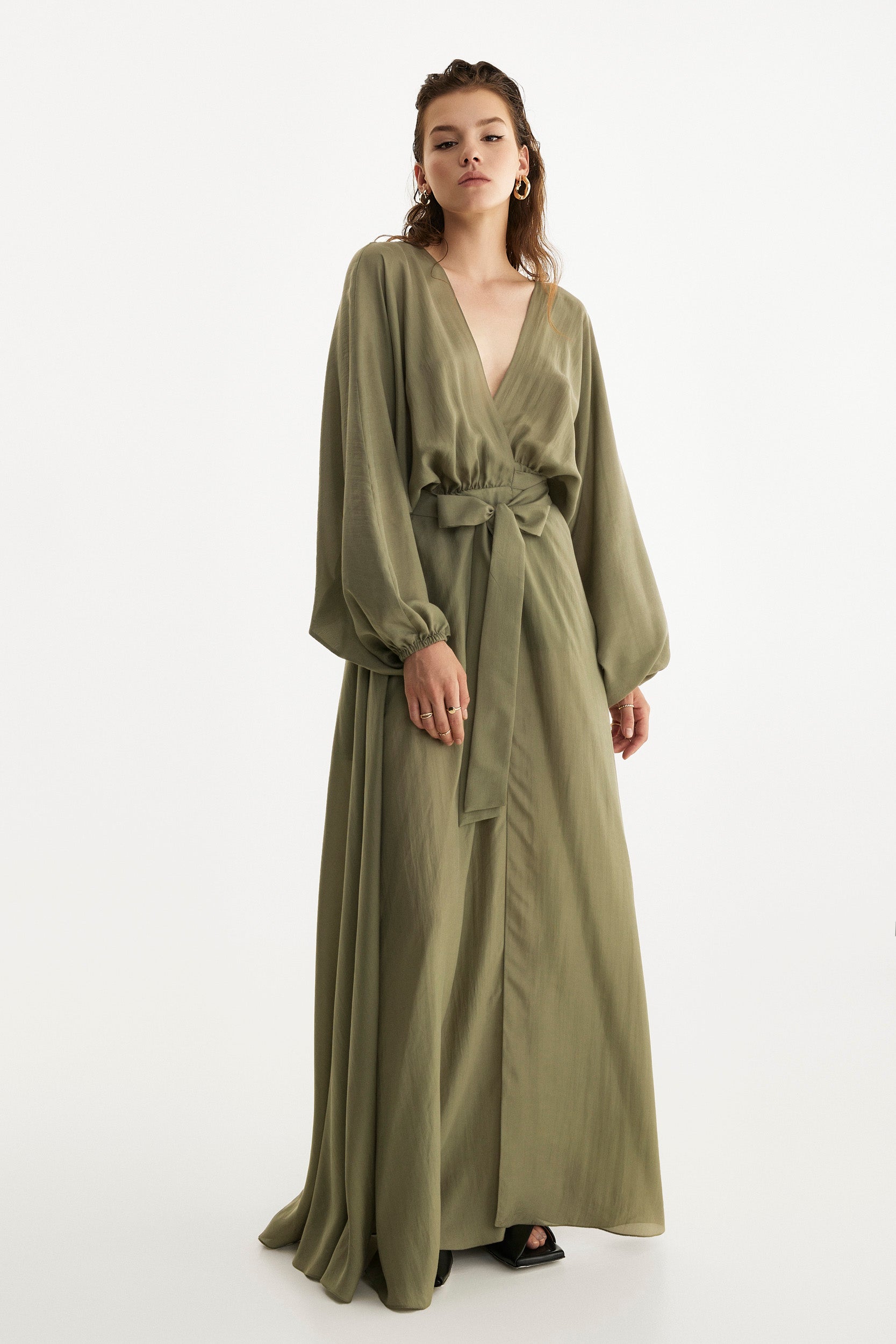 Pure silk wrap dress in olive