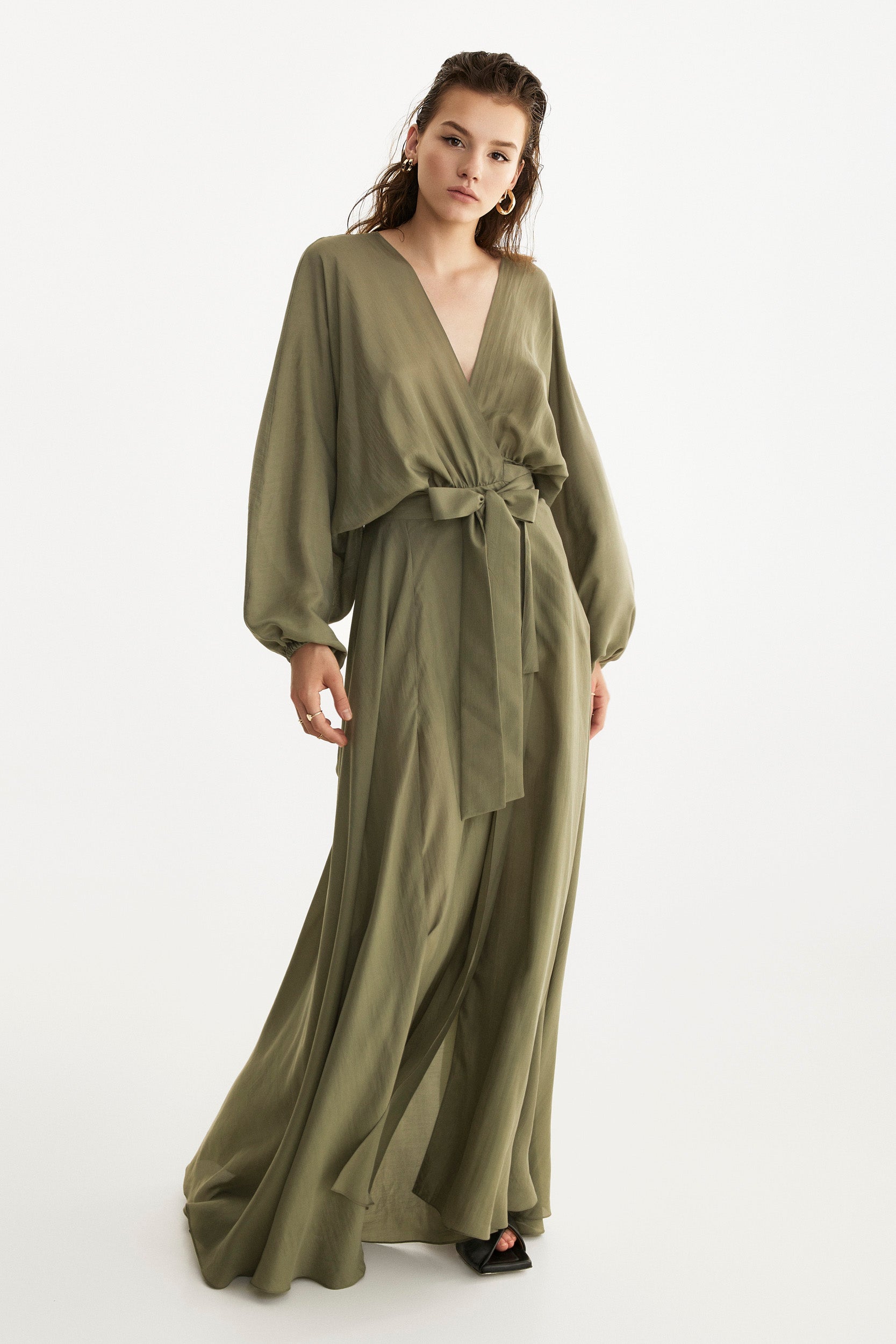 Pure silk wrap dress in olive