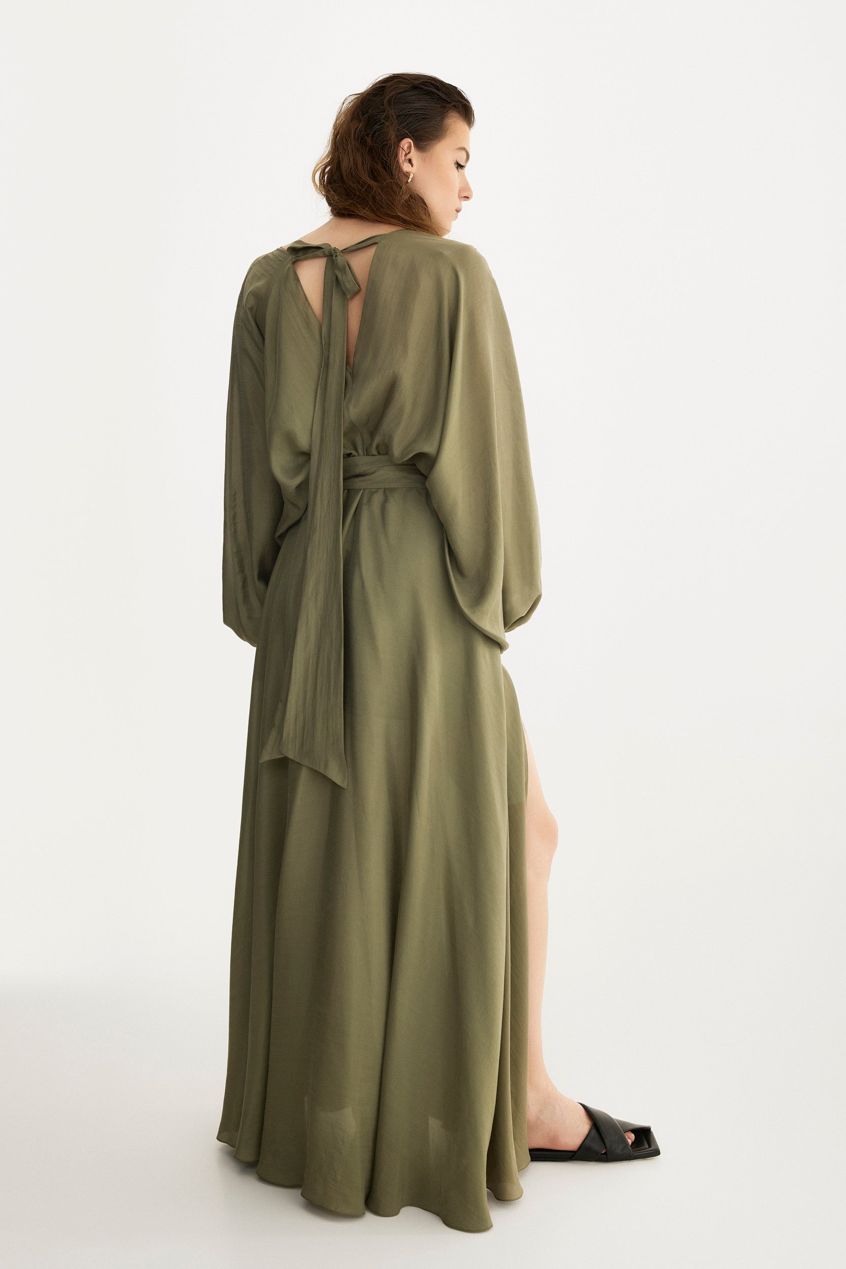 Pure silk wrap dress in olive
