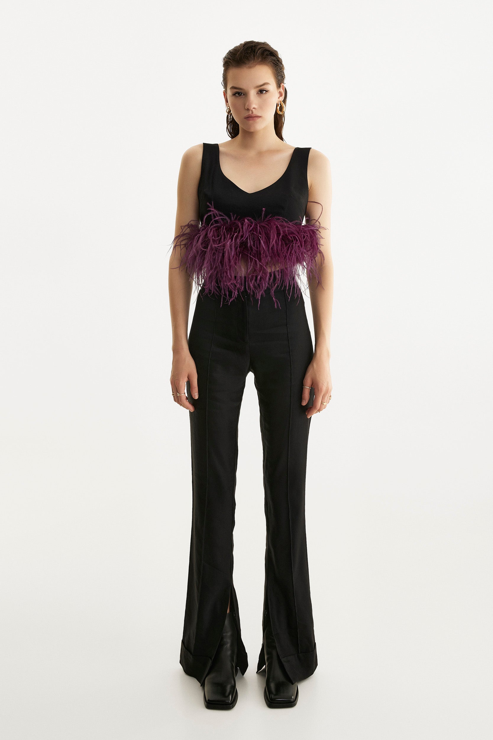 Black feather-trimmed crop top