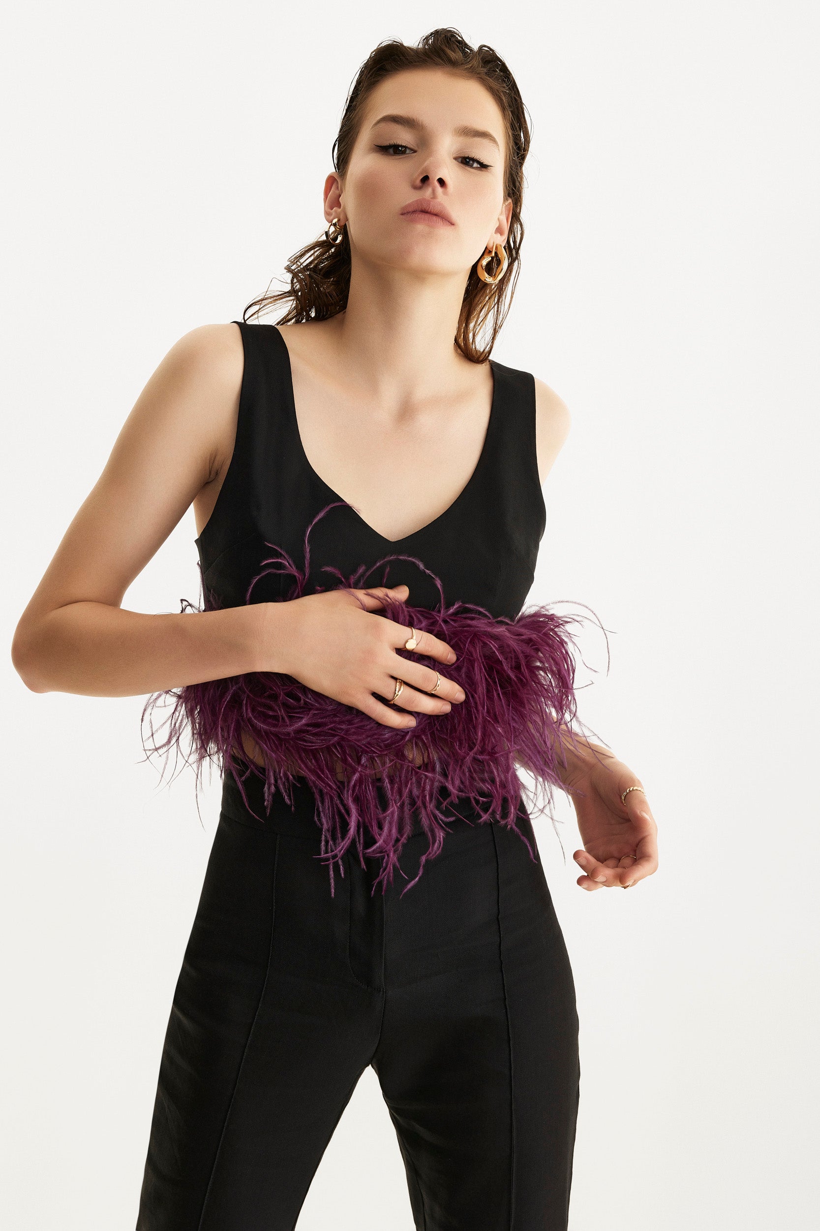 Black feather-trimmed crop top
