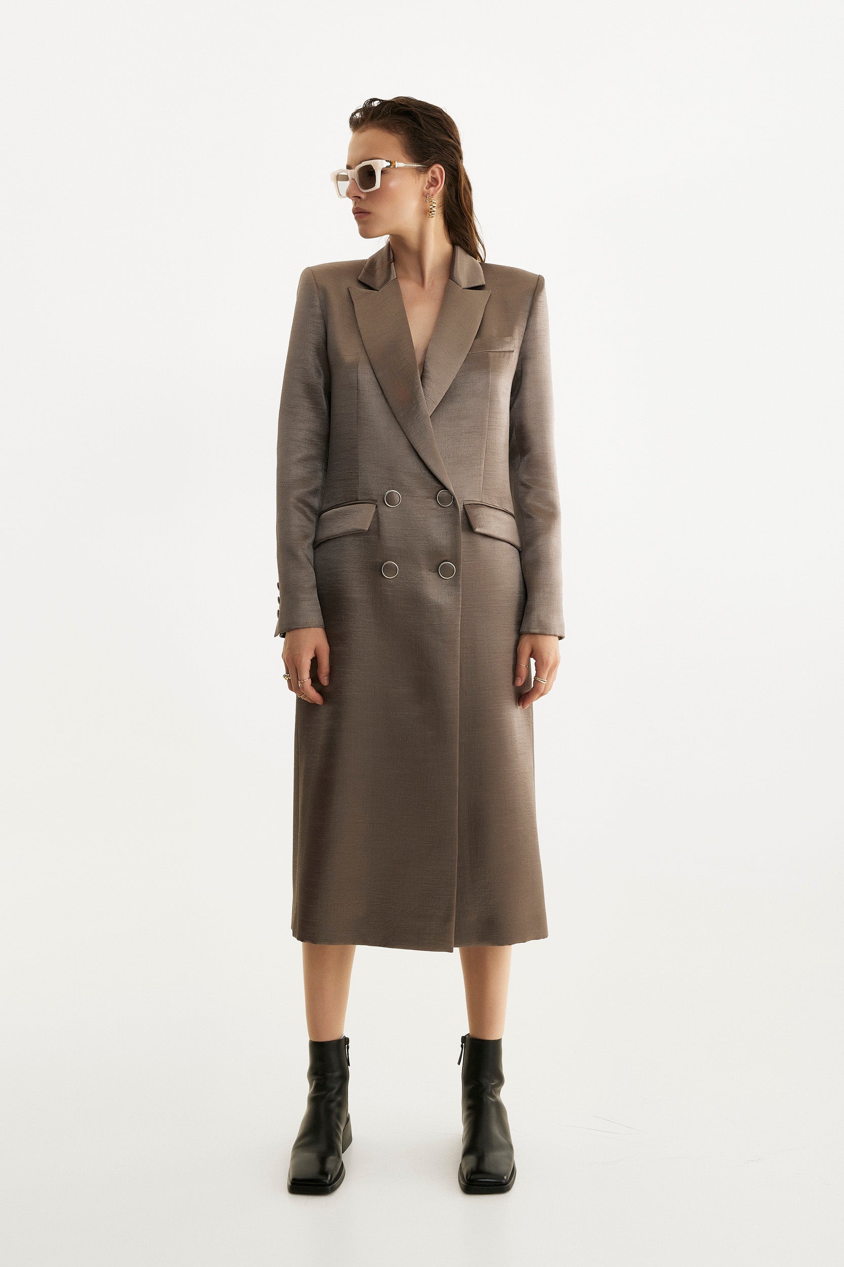 Belted midi trench coat in liquid silver