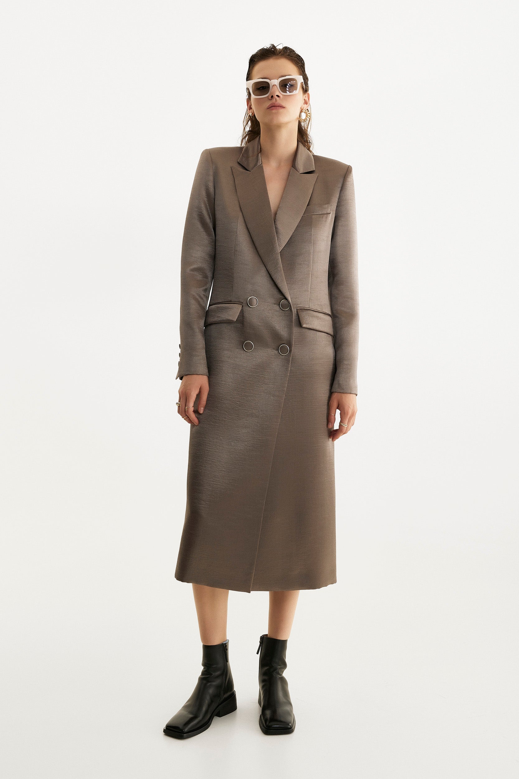 Belted midi trench coat in liquid silver